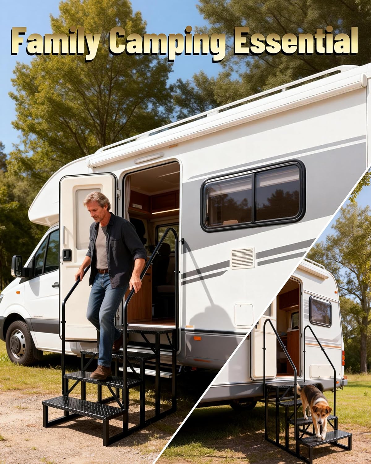 4 Step RV Steps with Dual Handrails, Heavy-Duty Non-Slip RV Stairs for Elderly Kids & Pets, Wide Platform for Hot Tub Spa Camper 5th Wheel Mobile Home Porch