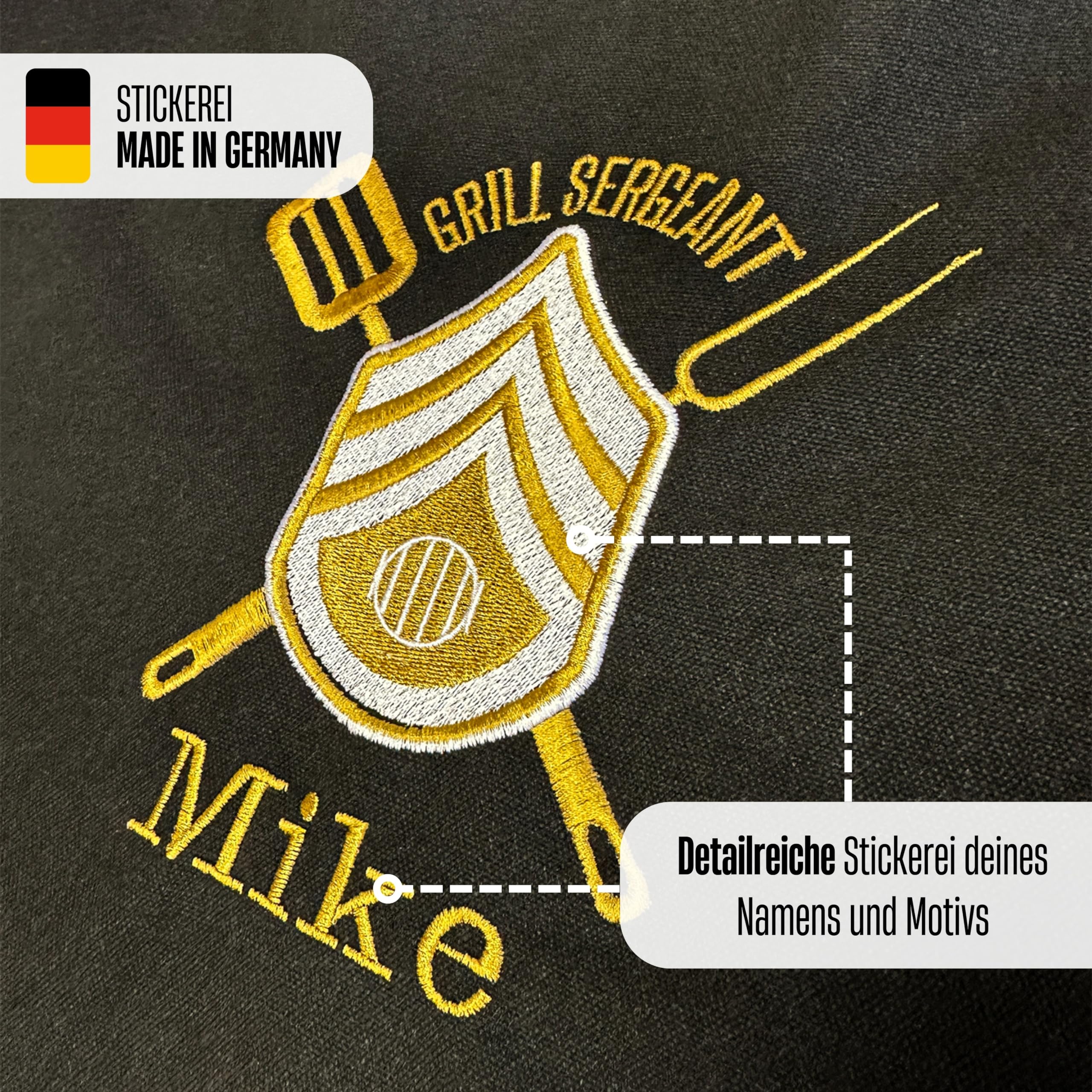 Grillschürze personalisiert mit Motiv & Wunschtext bestickt - Individuell personalisierte Kochschürze aus hochwertiger Baumwolle als besonderes Geschenk