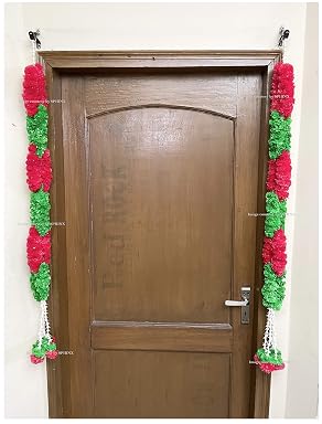 Sphinx artificial marigold fluffy flowers rope/chain motif garlands - pack of 2 (Red and Green)
