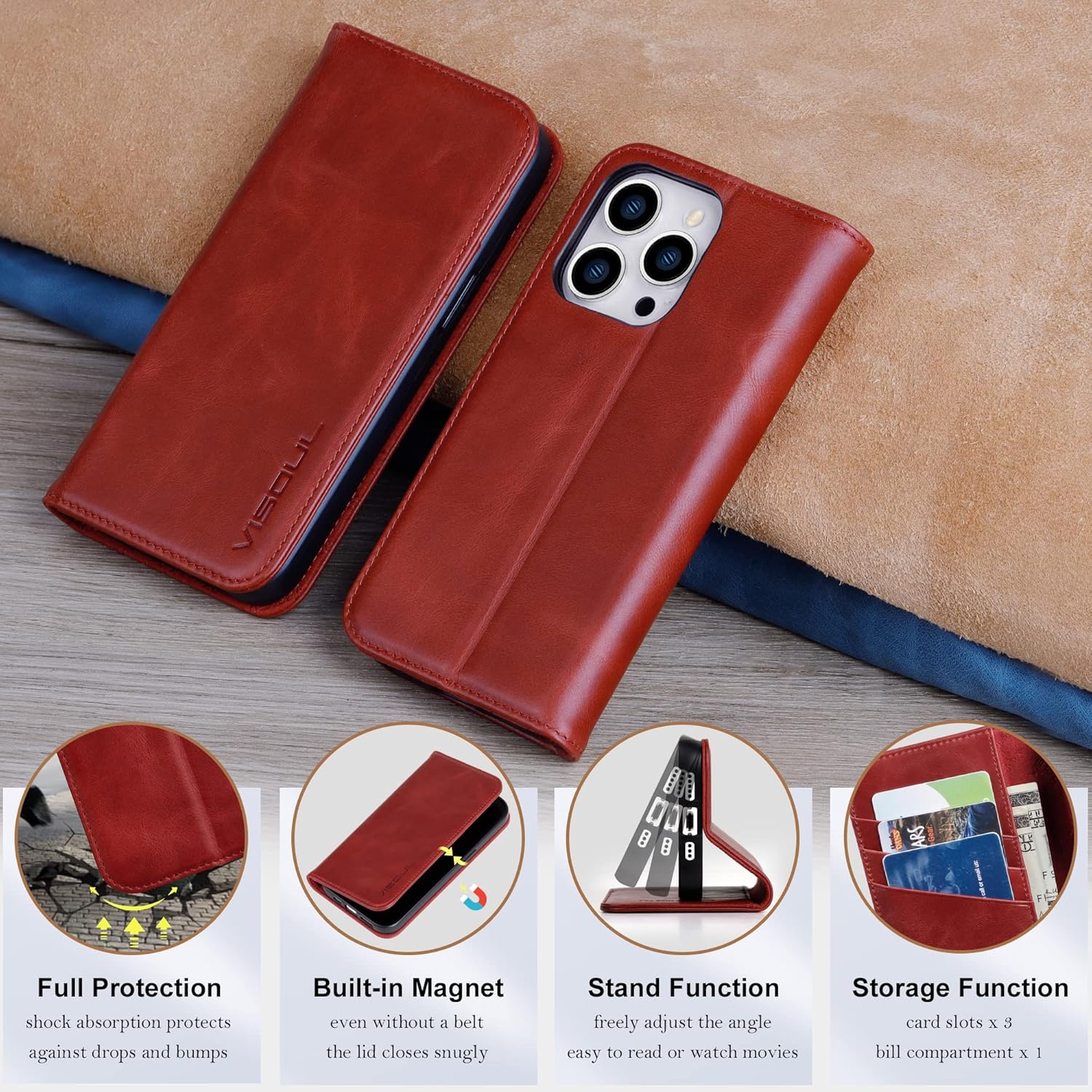 VISOUL Case for iPhone 15 Pro Genuine Leather Wallet Case, Magnetic Flip Case with Card Holder Kickstand Folio Cover Designed for iPhone 15 Pro (6.1-inch)-Red