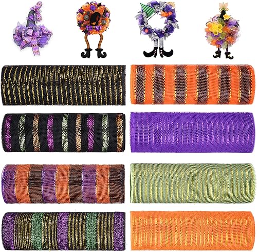 Miniatura 6 de Newwiee 8 rollos de cinta de malla de Halloween para coronas de 10 pulgadas x 30 pies cada rollo de cinta de malla metálica de poliéster para