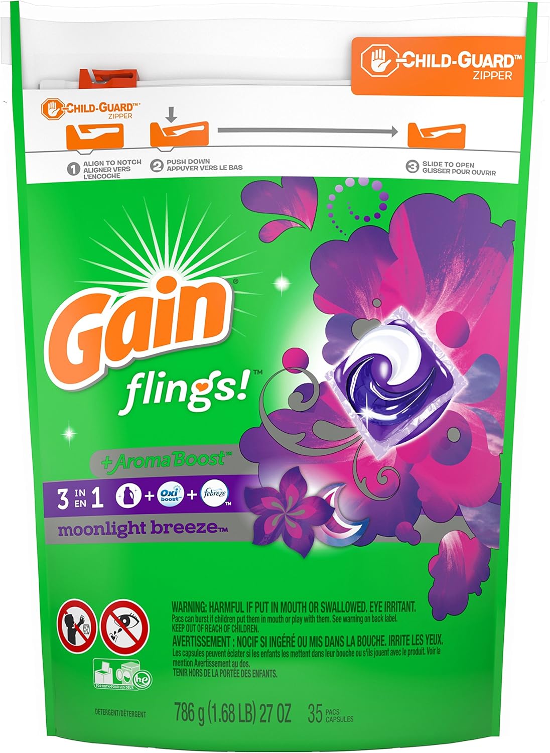 Gain Flings Moonlight Breeze Laundry Detergent Pacs Capsules, 35 Count