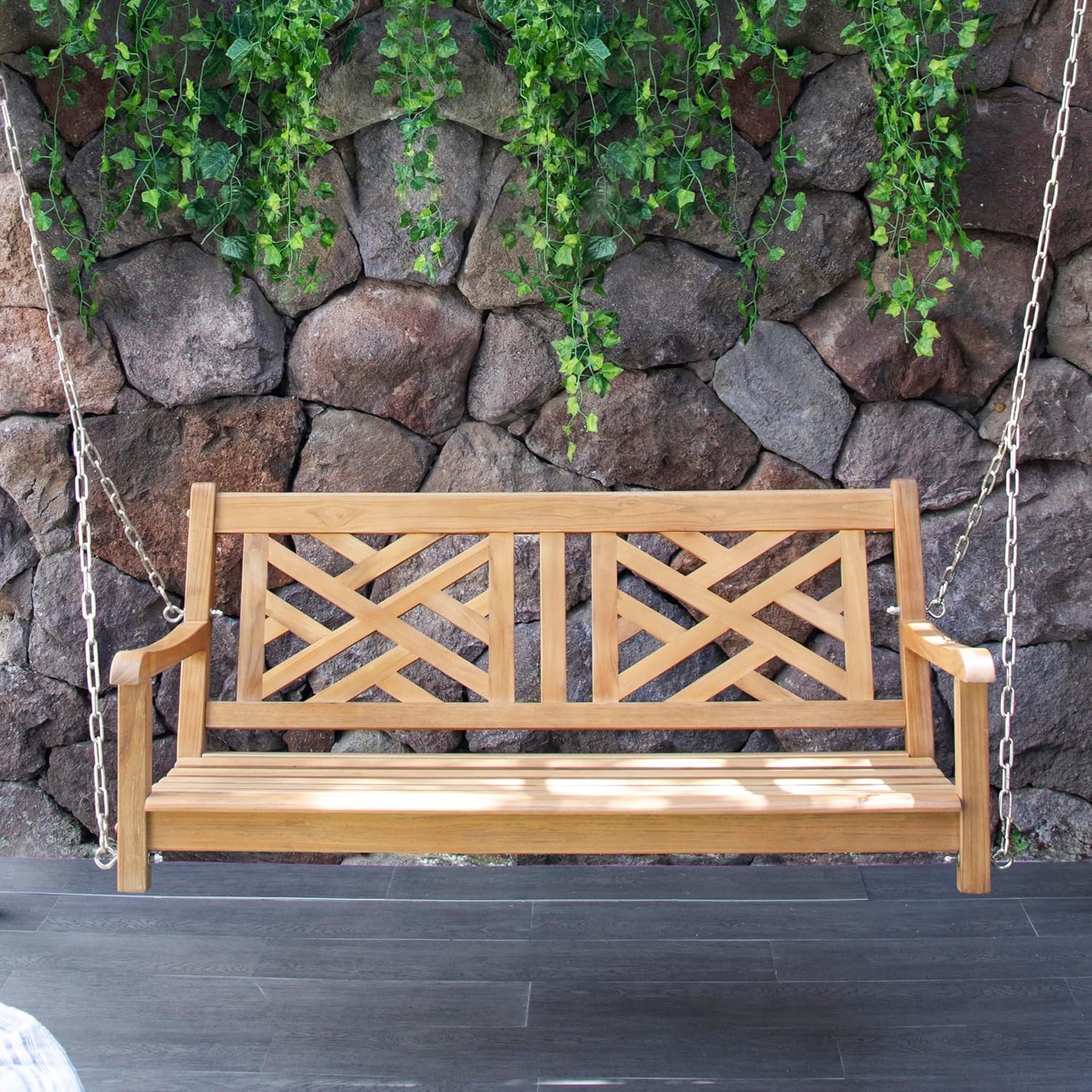 Cambridge Casual Maine Teak Porch Swing – Solid Wood Hanging Outdoor 2-Seater Swing Bench for Porch, Weather-Resistant & Durable