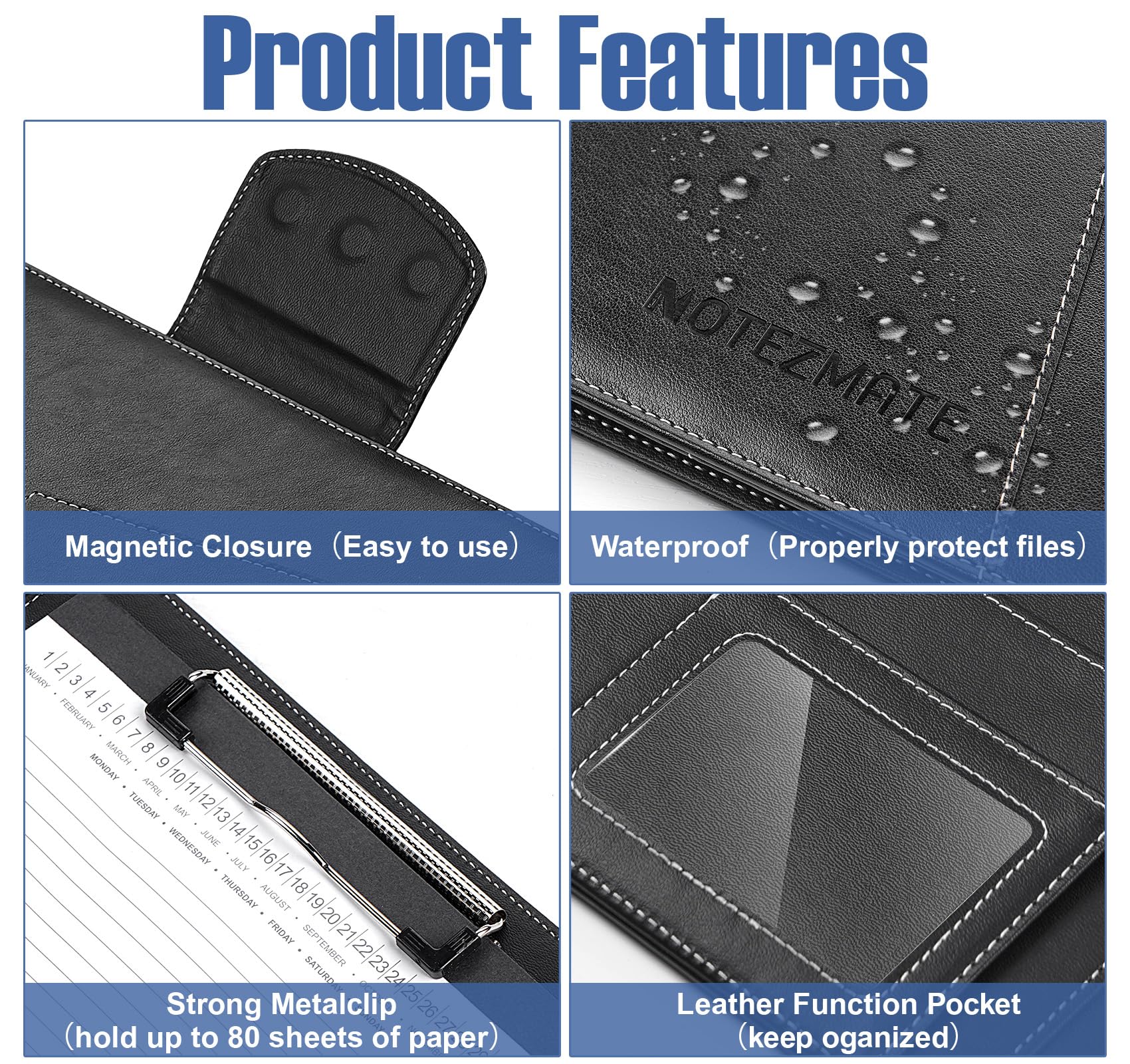 NOTEZMATE Clipboard Folder DIN A4 with 2 Pen,Faux Leather Clipboard Foldover - Image 4