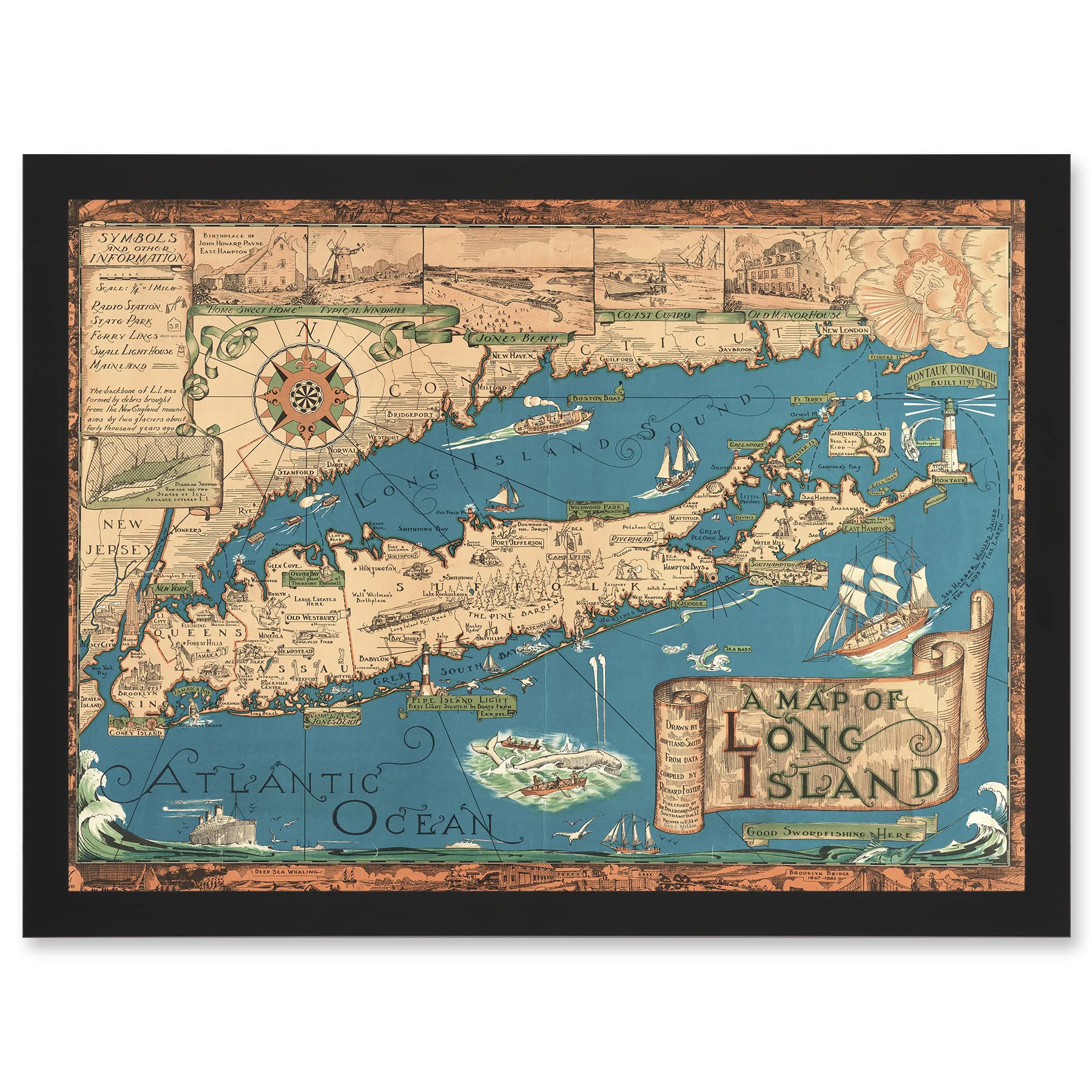 Artery8 Long Island Ny Smith 1933 Pictorial Map History Wall Art PrintA4 Size from B&Q