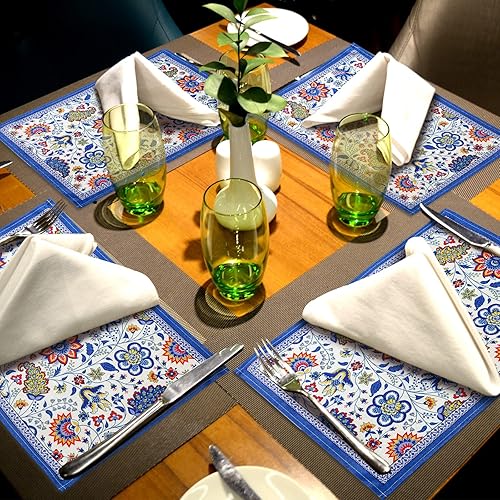 Miniatura 7 de Cunhill Juego de 6 manteles individuales para mesa de comedor, manteles individuales de lino de algodón antideslizantes, lavables, vintage, azul,