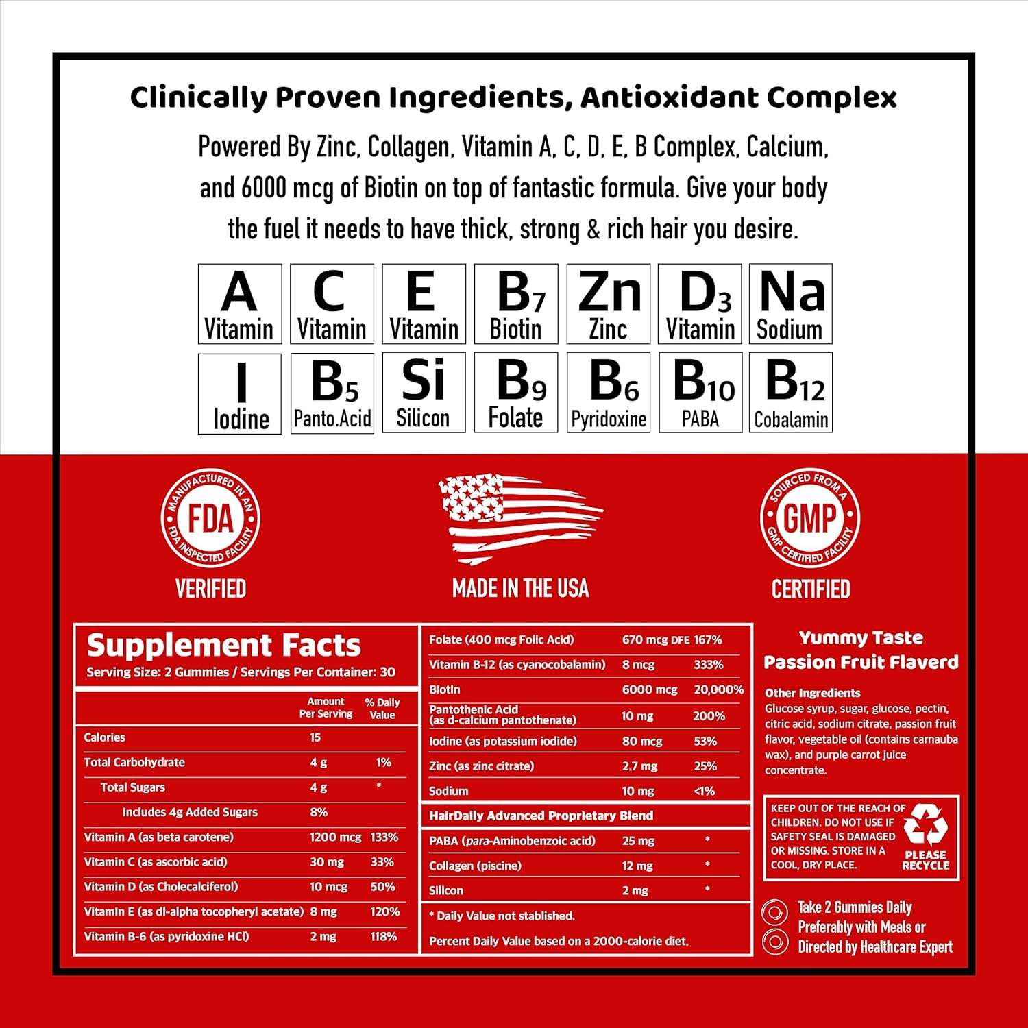 HairDaily Gummy Advanced Formula Hair Growth, Skin & Nail Strength by Afterave Essentials, Antioxidant Vitamin A, C, D, E, B Complex, Biotin (6,000mcg), Zinc, Sodium, Enhanced Collagen Production : Health & Household