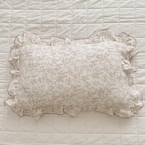 Miniatura 4 de BuLuTu Funda de almohada 100% de muselina de algodón con bordes de volantes, bonito patrón de conejo, funda de almohada de algodón de gasa suave y