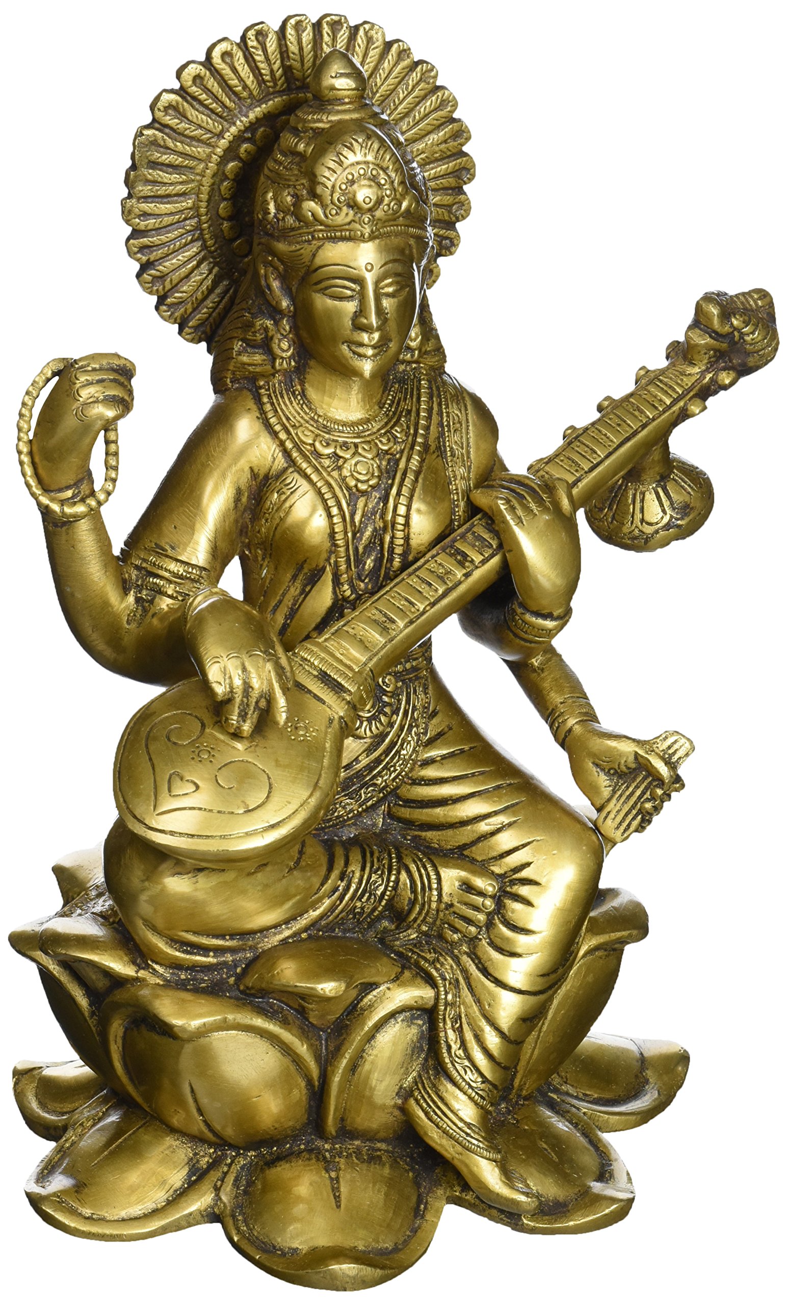 Statue Devi Saraswati en laiton avec Veena 9,75 pouces pour décoration indienne