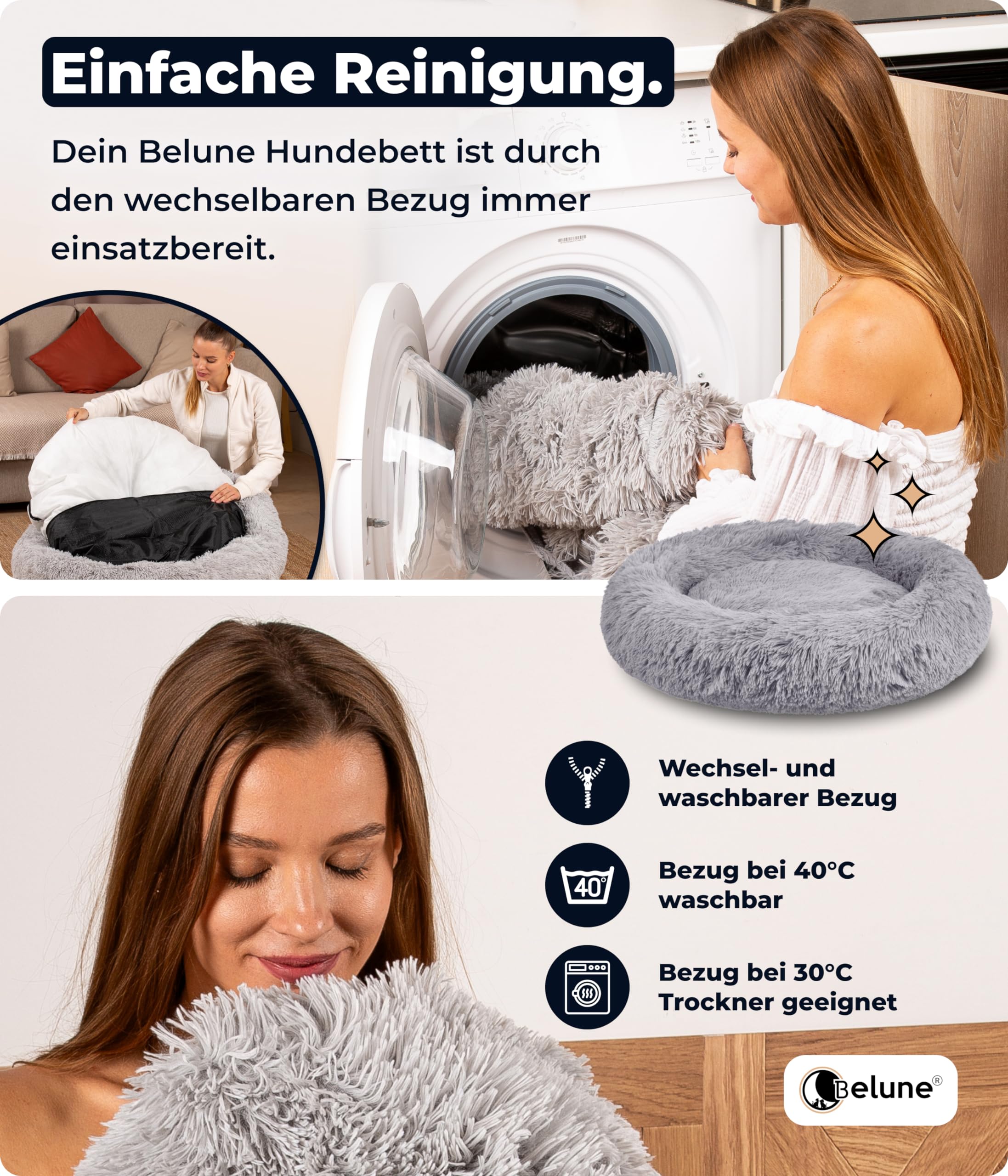 Belune® Hundebett [mit waschbarem Bezug] - Das Original - [M, 80cm, Dunkelgrau] Hundekorb, Katzenbett, Hundekörbchen, Dog Bed, Flauschiges Hundebett für große, mittelgroße & kleine Hunde