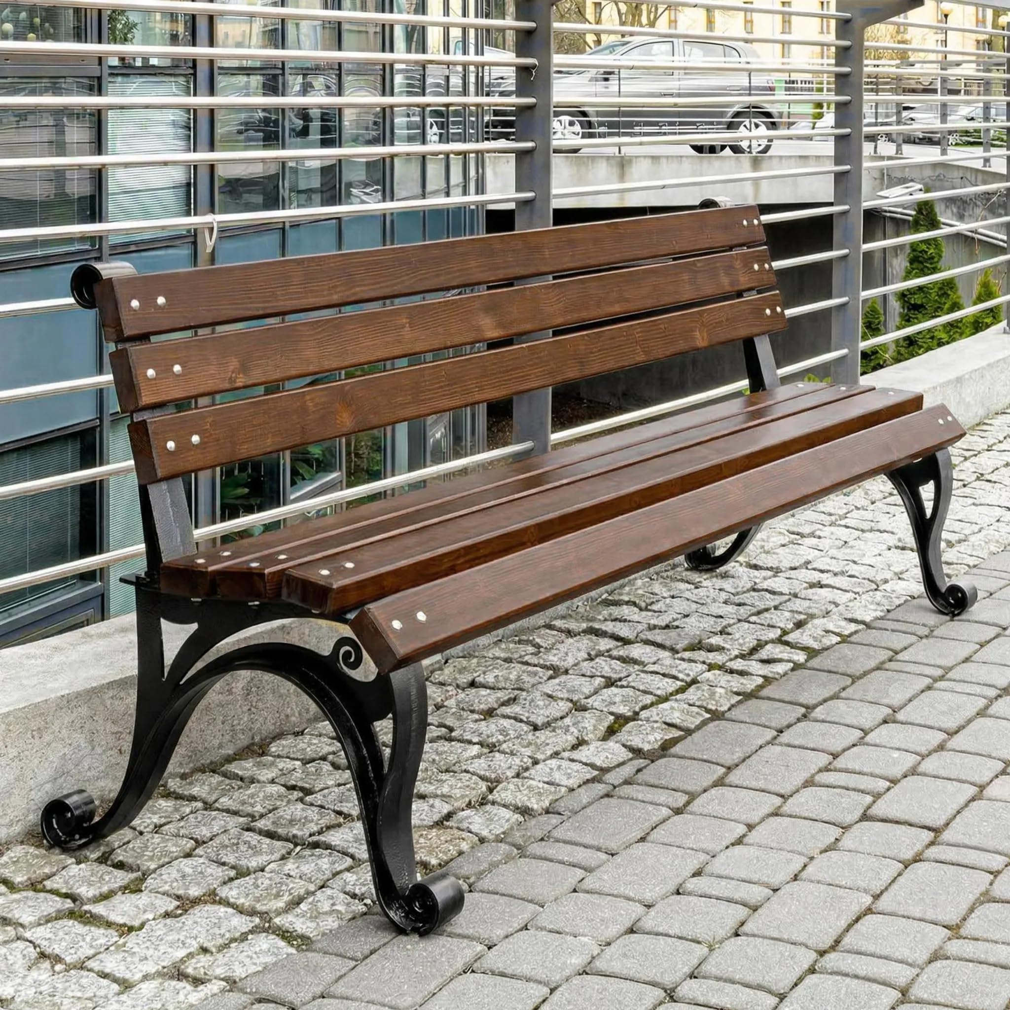 REKORD Banco de Jardín 170 x 59 x 73 cm Robusto de Parque de Metal y Madera con Respaldo Exterior Resistente a la Intemperie para Jardín Terraza Balcón o Patio – Viena – Palisandro