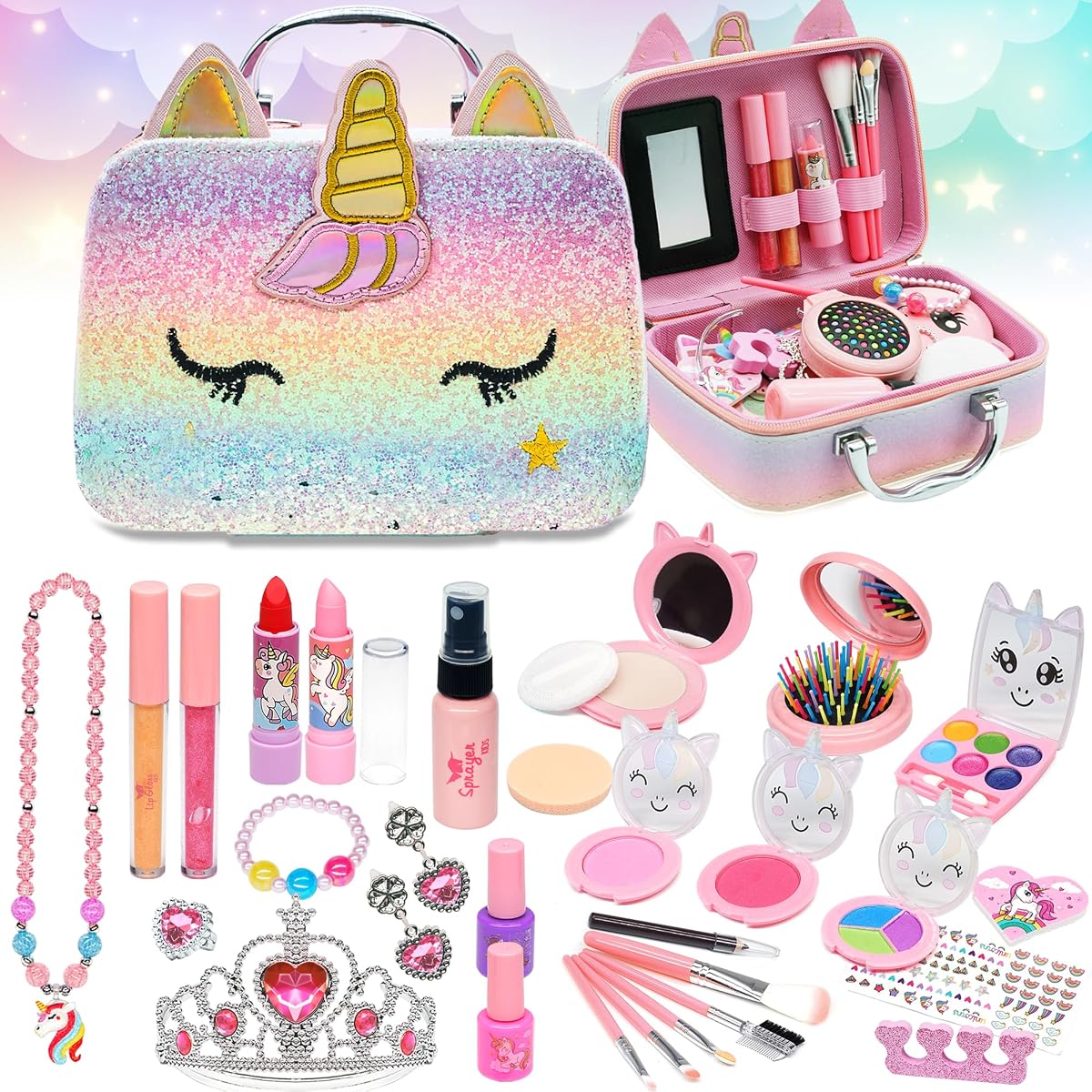 Mrabbitoo Kids Real Makeup Kit for Girls - 63Pcs Non-Toxic Washable Little Girls Make Up Toys, Princess Cosmetics Set for Toddlers to Tweens