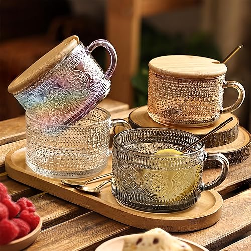 Miniatura 4 de Juego de 4 tazas de café de vidrio vintage, tazas de té de vidrio transparente en relieve con tapas y cucharas de bambú, bonitos accesorios de barra