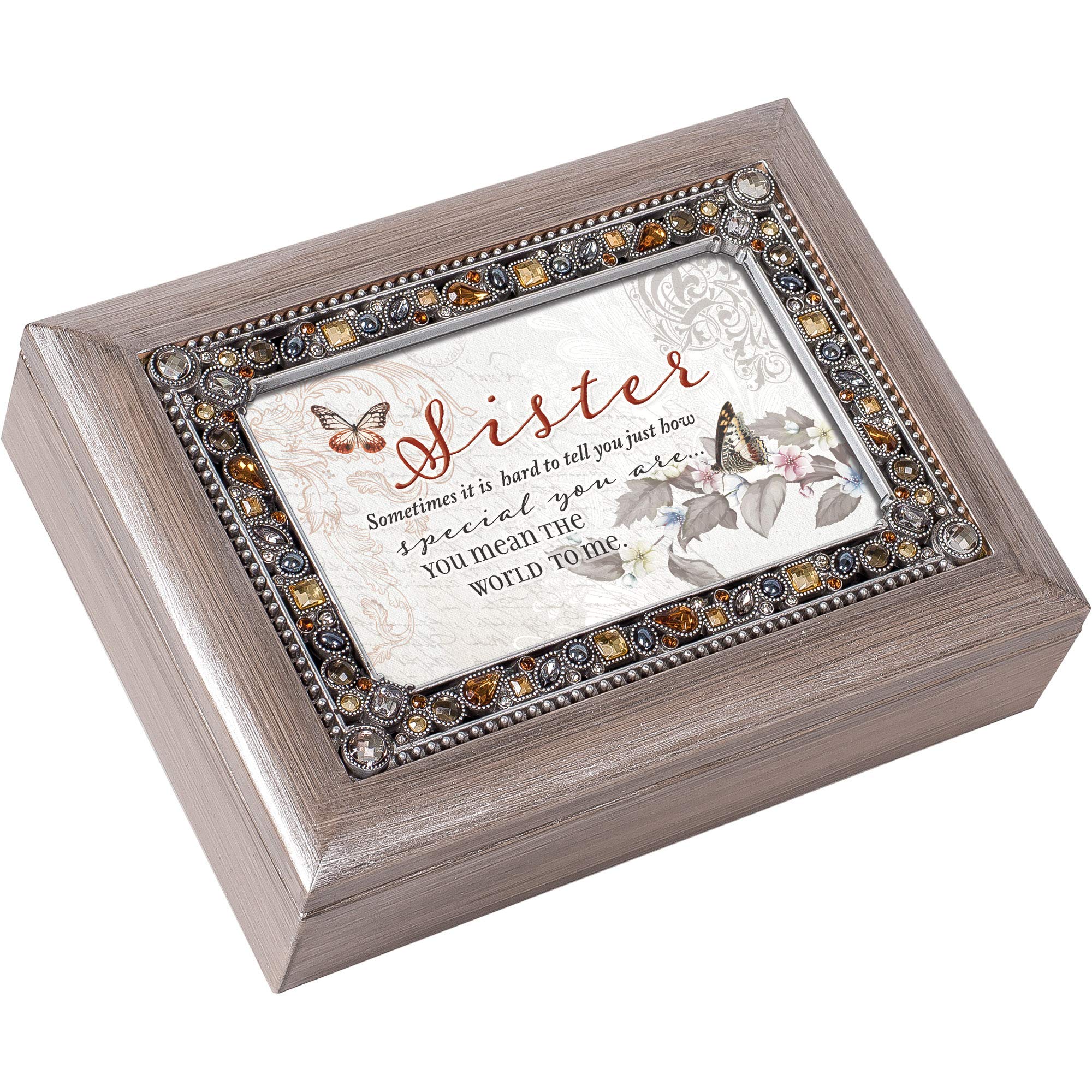 Caja de música Cottage Garden Sister de peltre gris con grabado musical de recuerdo