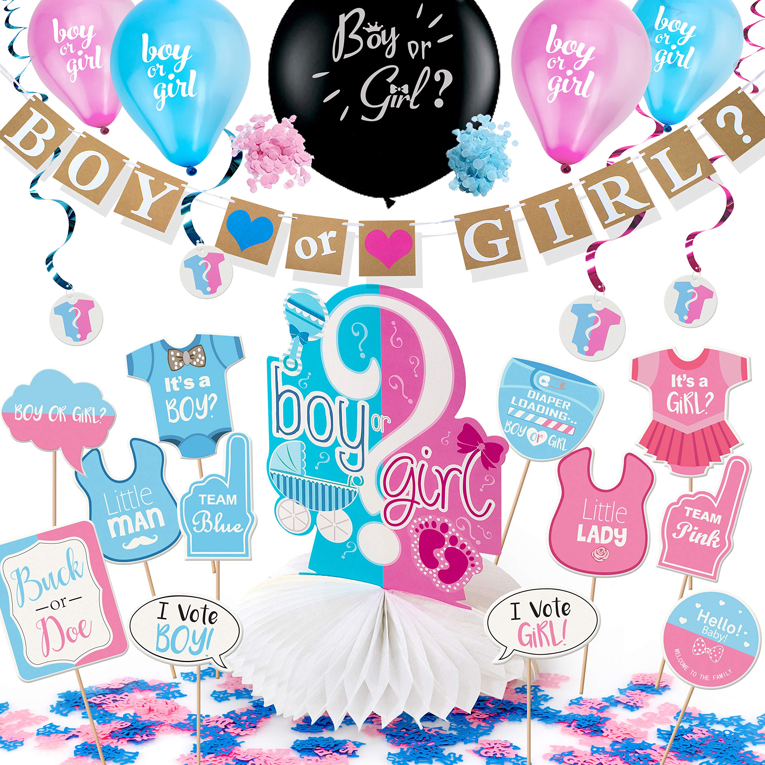 Gender Reveal Party Supplies Pack by ARTIT with 36' Big Black Balloon, Pink and Blue Confetti - Baby Shower Decorations Kit with Boy or Girl Favors - Banner Centerpiece Swirls Tablecloth Photo Props