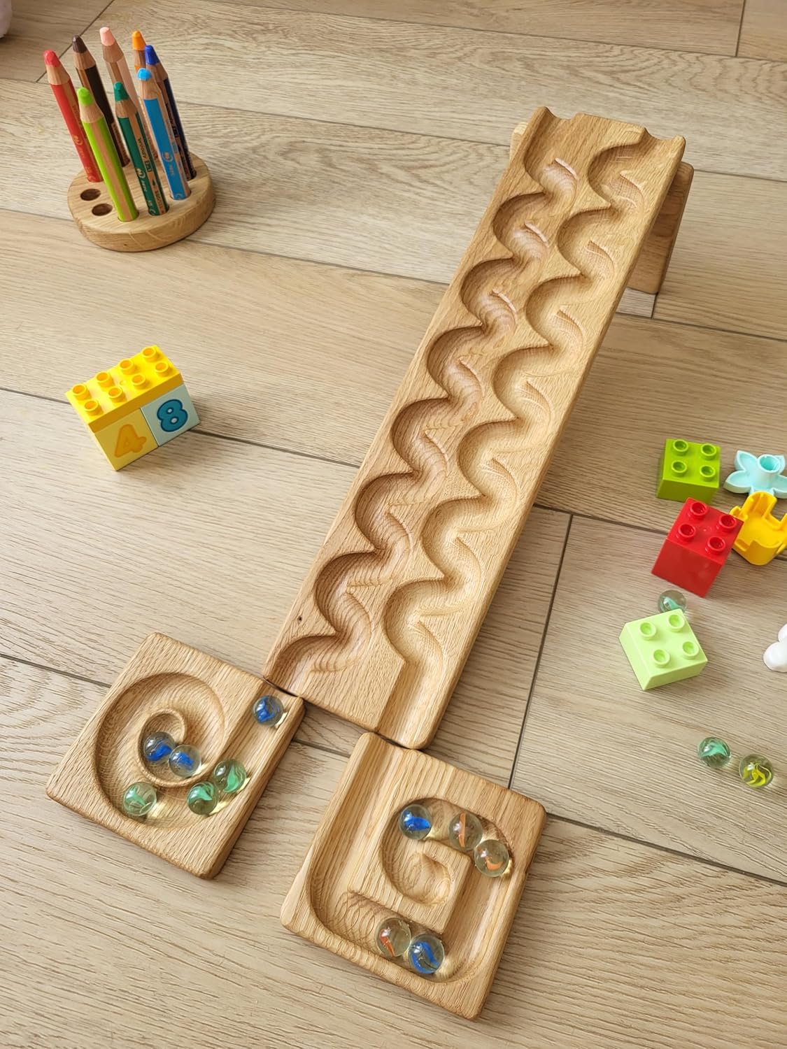Wooden Marble Run Track Set of 2 Wind+Whirlpol Race Machine Set Wooden Maze Board Ball Run Montessori STEM Toy Gift for Kids Marble Wave Course Winding Roller Track Game (Wind+Whirlpol)