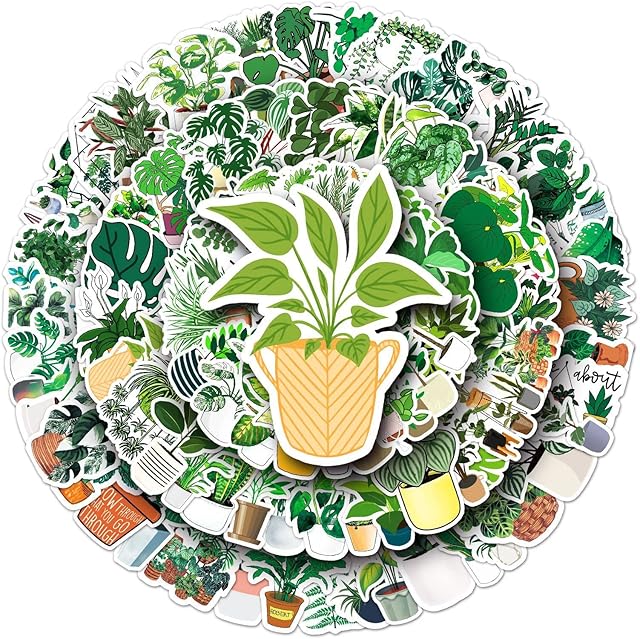 AYODPE Green Plants Stickers Pack 100pcs Potted Plant Stickers-Waterproof Vinyl Laptop Stickers-Suitable for Skateboard Travel Case Notebook Phone Car Bike Graffiti Decals,Kid/Teen Gift