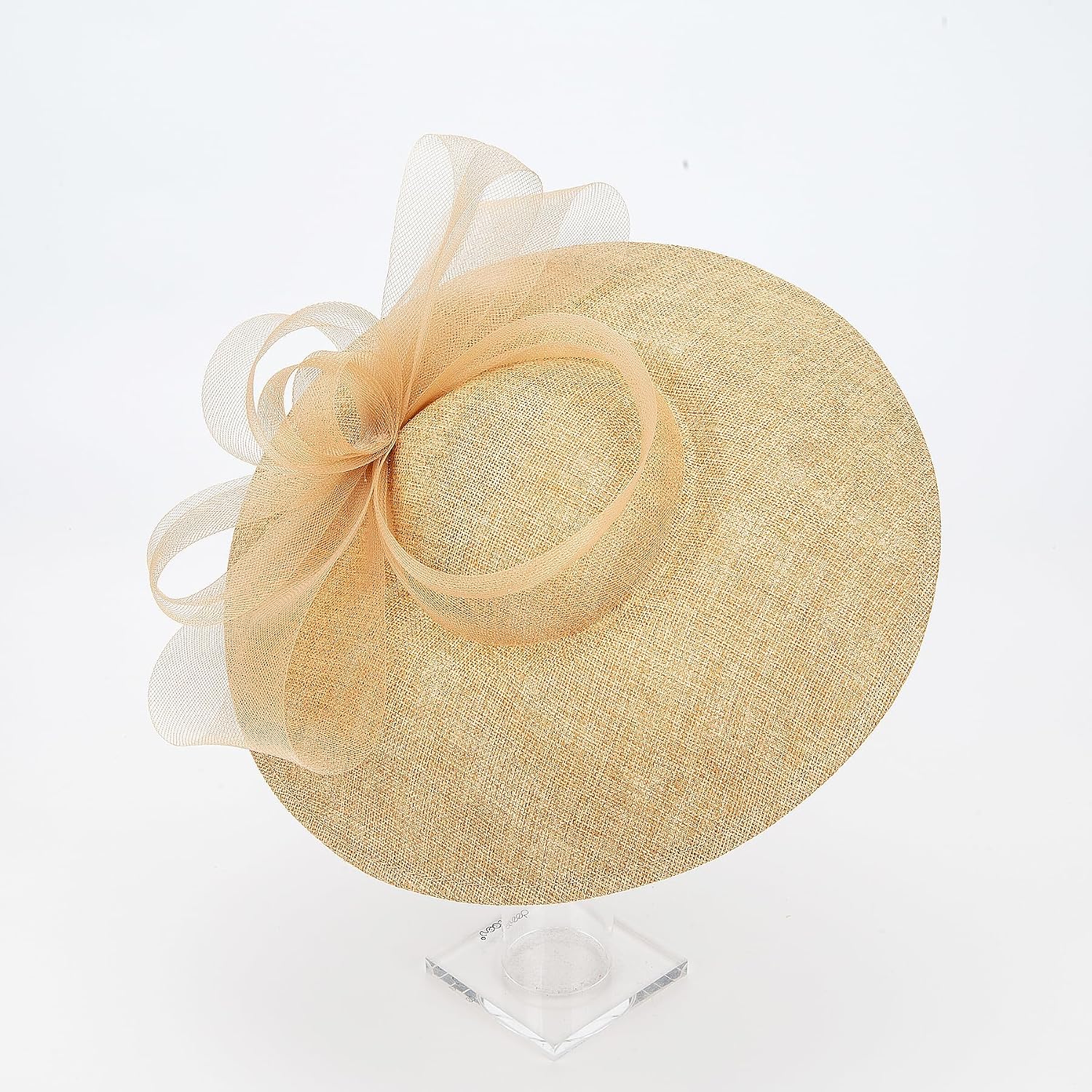 F FADVES Elegant Wide Brim Fascinator Hat for Women, Detachable Headband & Clip, Faux Linen Mesh Bow