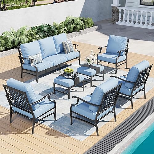 7 Piece Metal Outdoor Patio Furniture Set, Patio Conversation Sets 1 3-seater Sofa, 4 Fixed Chair, 2 Ottomans with 5.75" Thick Cushion, Black All-weather Frame Backyard Furniture, Blue