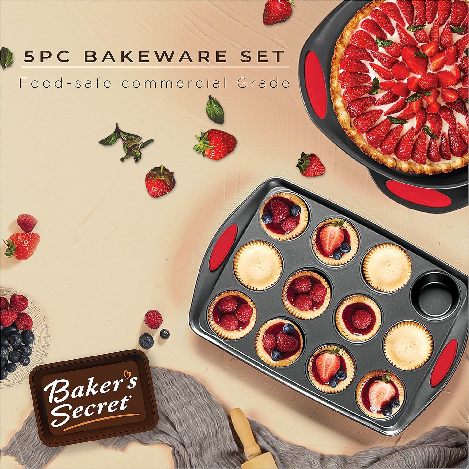 Baker's Secret Bakeware Set - 5x Nonstick Baking Pans - Cookie Sheet, 12cup Muffin Pan, Loaf Pan, Cake Round & Square Pans - Black, Rectangular, Oven Safe