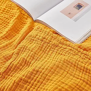 EMME Cotton Throw Blanket - 100% Muslin Soft, Breathable Gauze - All Season, Pre-Washed - Mustard Yellow, 50"x70"