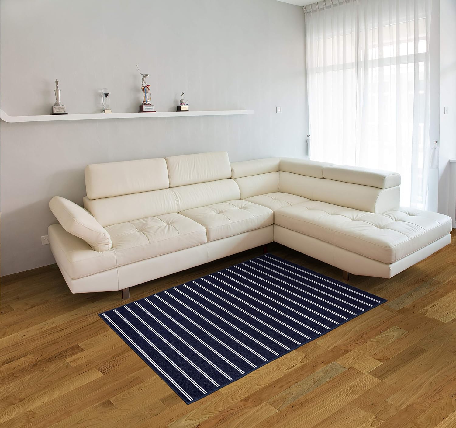 Garland Rug Avery Striped Navy Blue / White 4 Ft X 6 Ft Rug Non-Slip, Soft, Stain-Resistant Ideal For Living Rooms & Hallways, Stylish & Durable For High-Traffic Areas