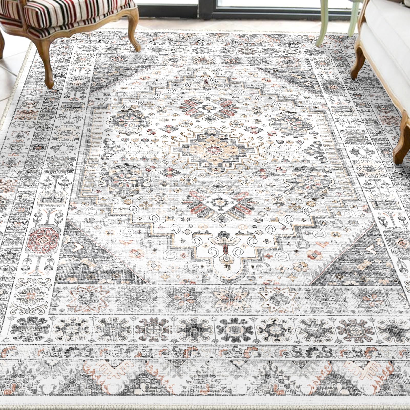 160x230cm Washable Area Rug, Low pile soft Carpets,Living Room Printed Carpet, Persian Rugs,Vintage Floor Rug For Bedroom Grey Carpets