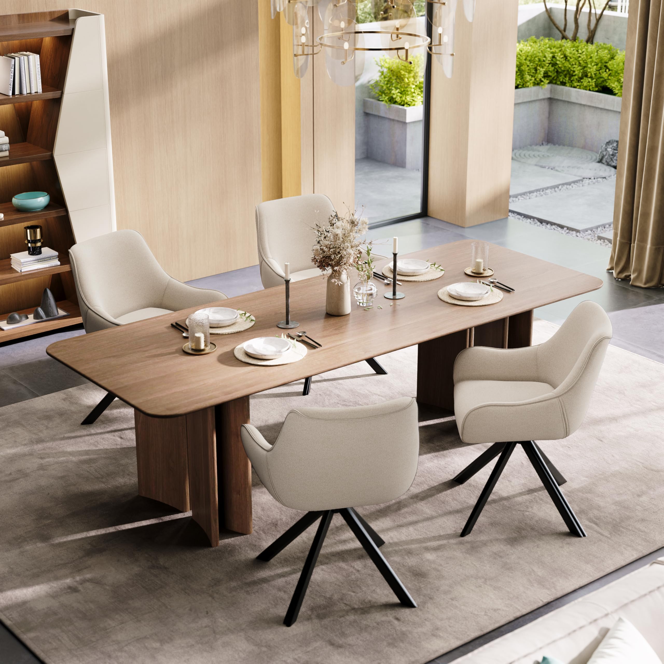 Esszimmerstühle Drehbar 6er Set mit Armlehne – 360°Drehbar Polsterstuhl Leinen Modern Drehstuhl Küchenstuhl mit Metallgestell und Rückenlehne für Esszimmer, Wohnzimmer, Büro, Beige