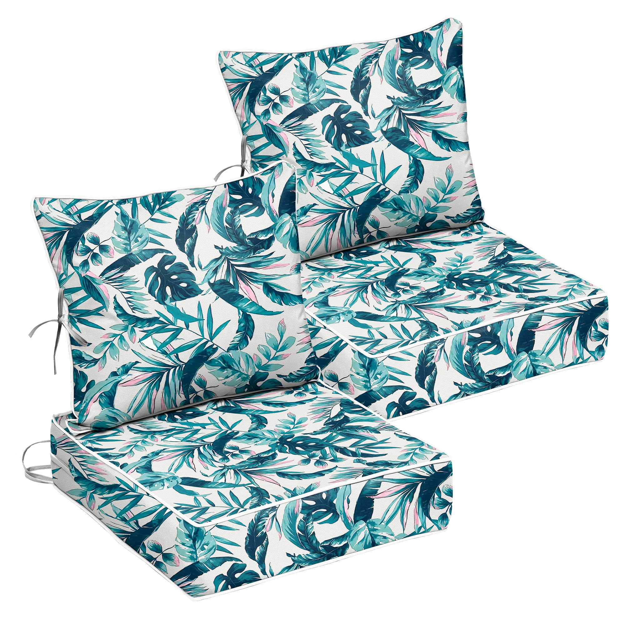22x22 Outdoor Chair Cushions Set of 2, Waterproof Deep Seat Cushions for Patio Furniture with Removable Cover, Fade Resistant 4'' Outdoor Seat Cushion with Ties Handle for Wicker Sofa Couch, D20