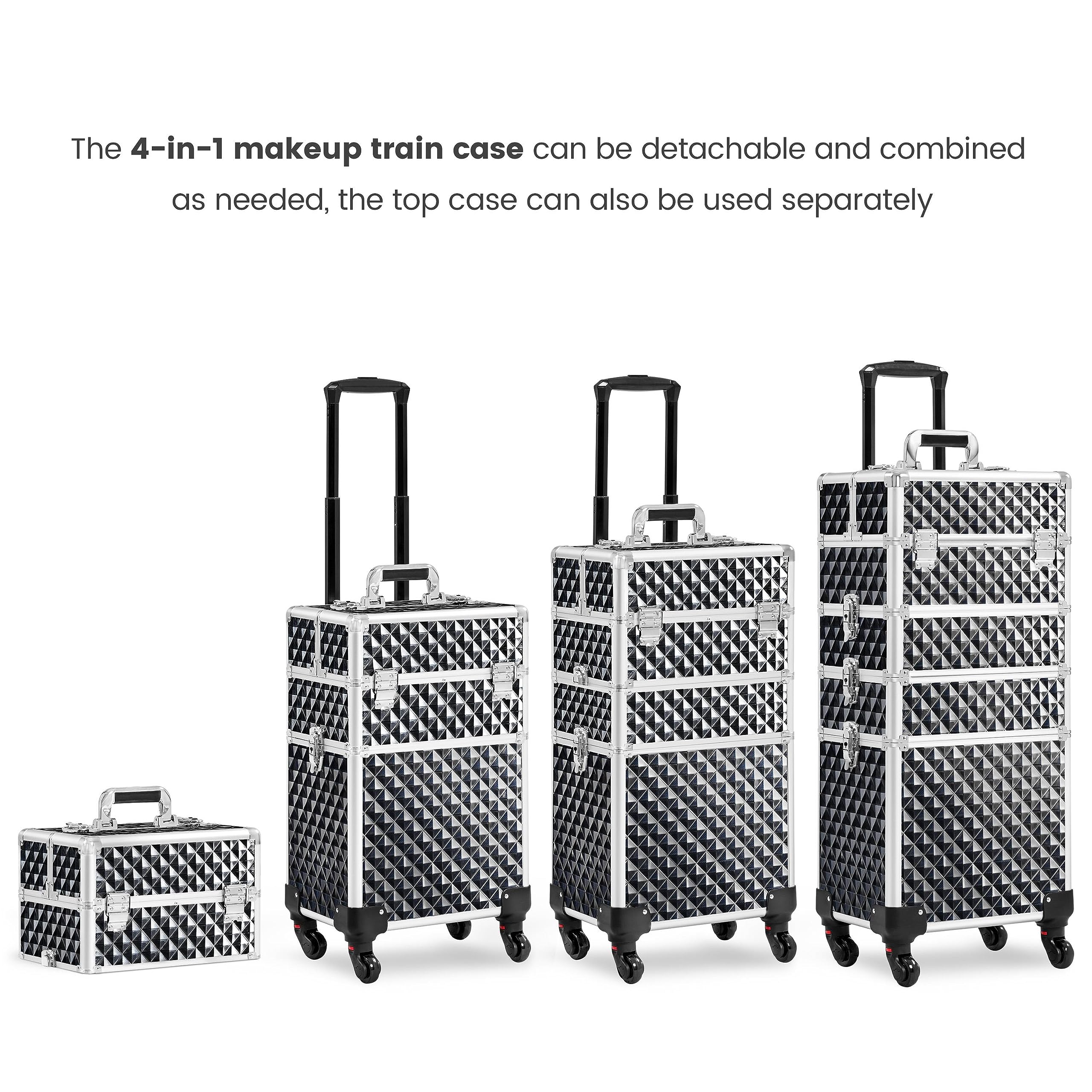 Yaheetech 4-in-1 Kosmetikkoffer, Trolley Schminkkoffer, Großer Make up Koffer, Abschließbar Multikoffer Friseurkoffer Beauty Case mit Rollen und Schublade, Glitzer Schwarz