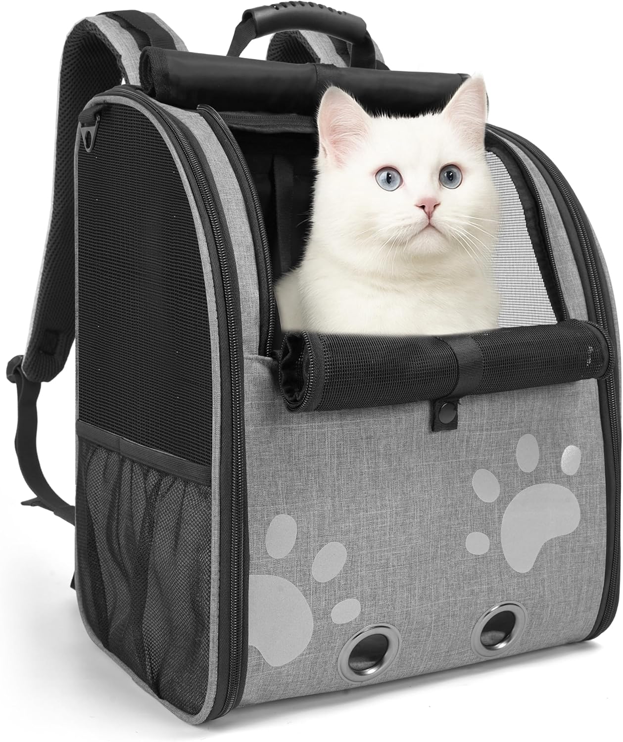 Cat Backpack Carrier with Comfort Handle, Ventilated Cat Backpack with Reflective Strips, Foldable Cat Carrying Backpack for Cats up to 17 lbs and Small Dogs up to 13 lbs(Grey).