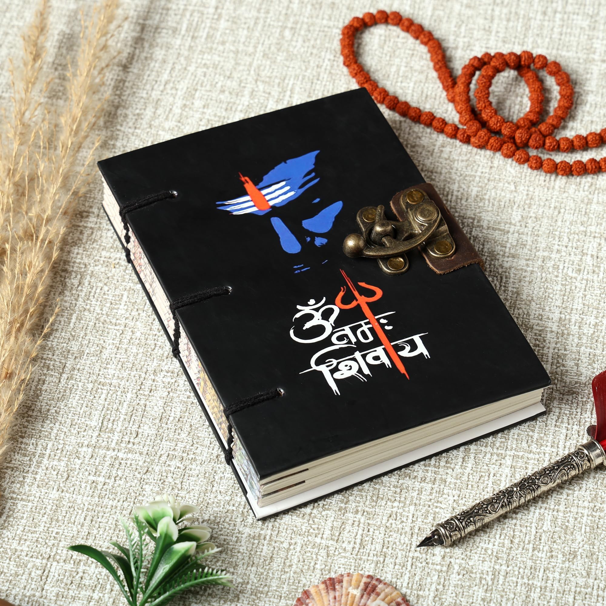 Purpledip Paper Vintage Diary Journal 'Om Namah Shivay': Handmade Paper, Hard Bound, Unique Lock, Eco Friendly Notepad