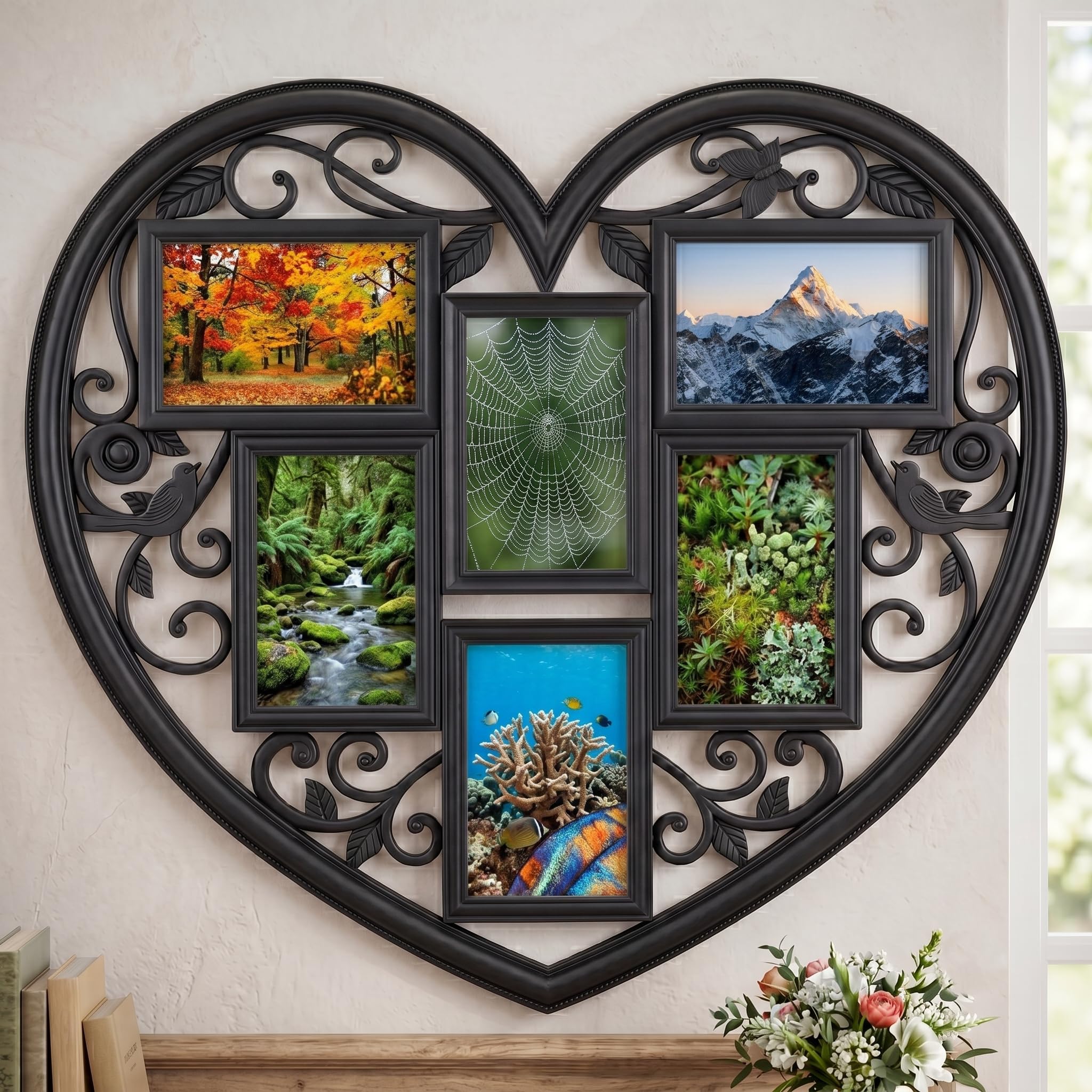 Biznest Distressed Heart-Shaped 6 Multi Aperture Collage Wall Mounted Photo Frame Shabby Chic Plastic Vintage Home Decor Display 58x52.5x1.7Cm (BLACK)