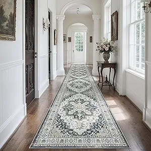 Madane 3x20 Hallway Runner Rug - Extra Long Carpet Runners for Hallways 20ft Non Slip Stain Resistant Rugs Runner for Living Room Bedroom 20 Feet Distressed Floor Carpet for Kitchen, Black