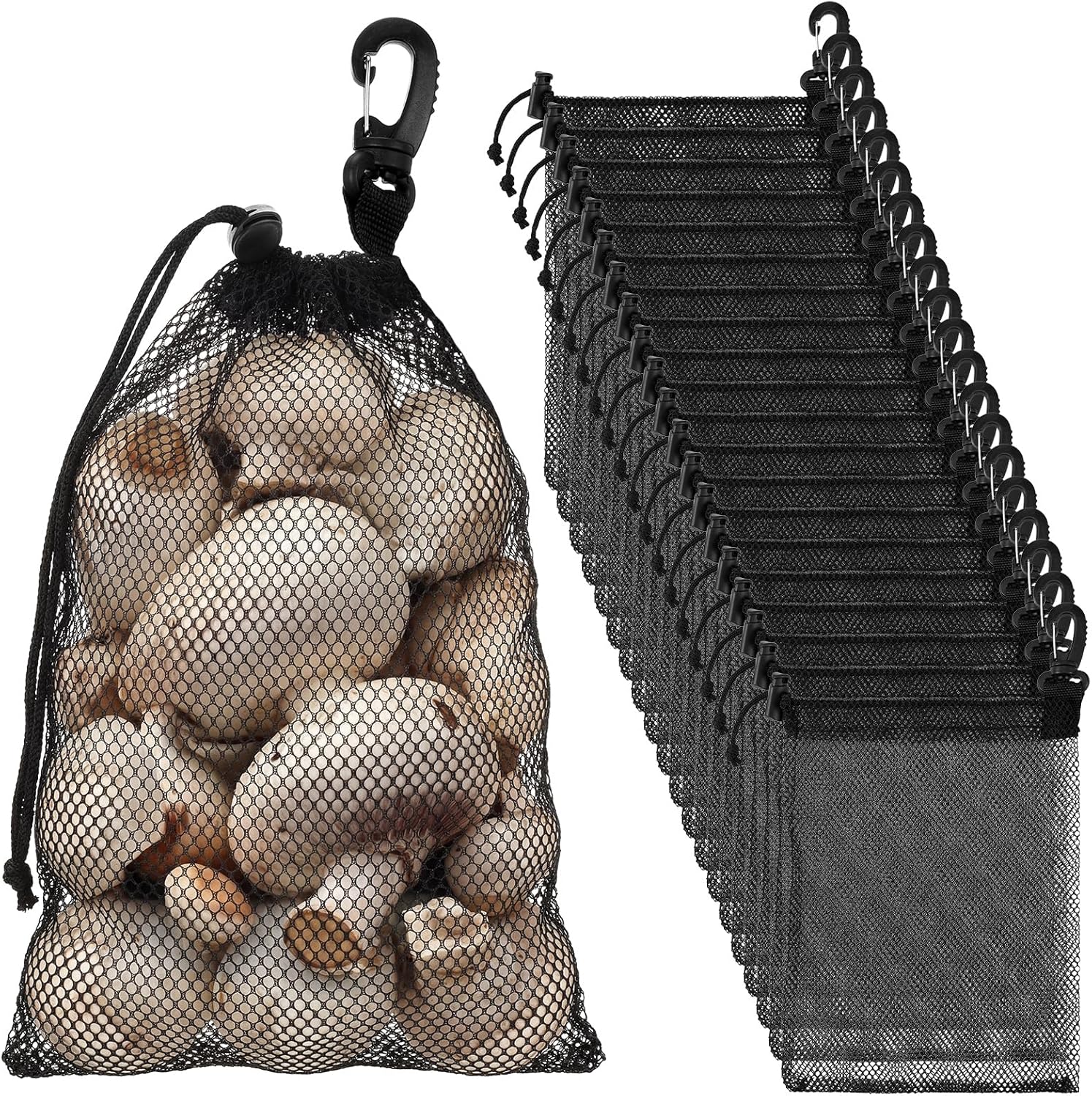 20 Pcs Mesh Drawstring Bag with Clip and Toggle Closure Bulk Black Closure Rock Collecting Bag for Adults Outdoor Mushroom Foraging Hunting Beachcombing Trekking