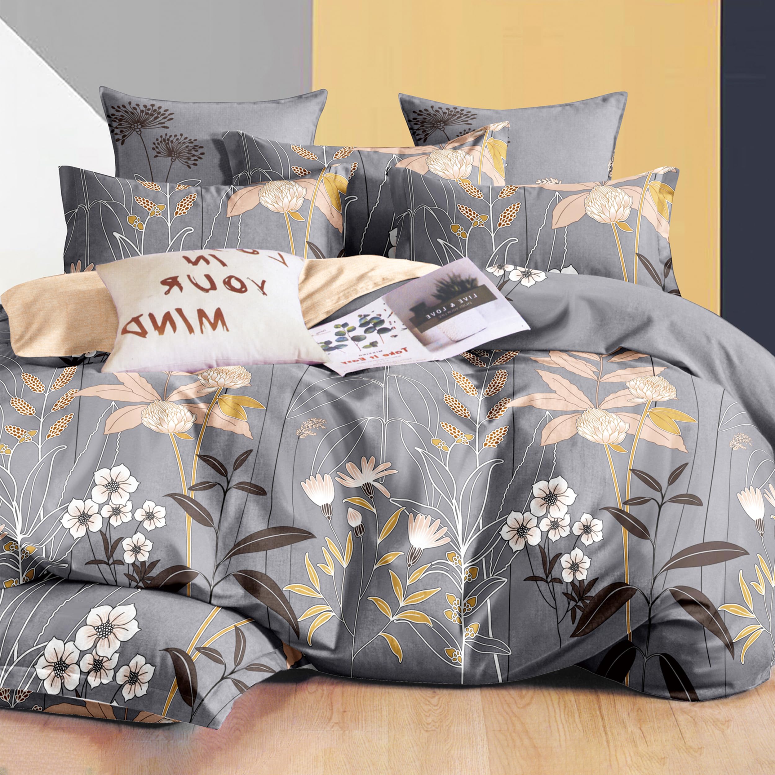 Juego de Funda Nórdica 4 Piezas Cama 150 Microfibra Suave Transpirable - 1 Funda Edredón 240x220 cm, 1 Bajera 150x200+28 cm y 2 Fundas de Almohada 50x90 cm (Color Flor Gris)