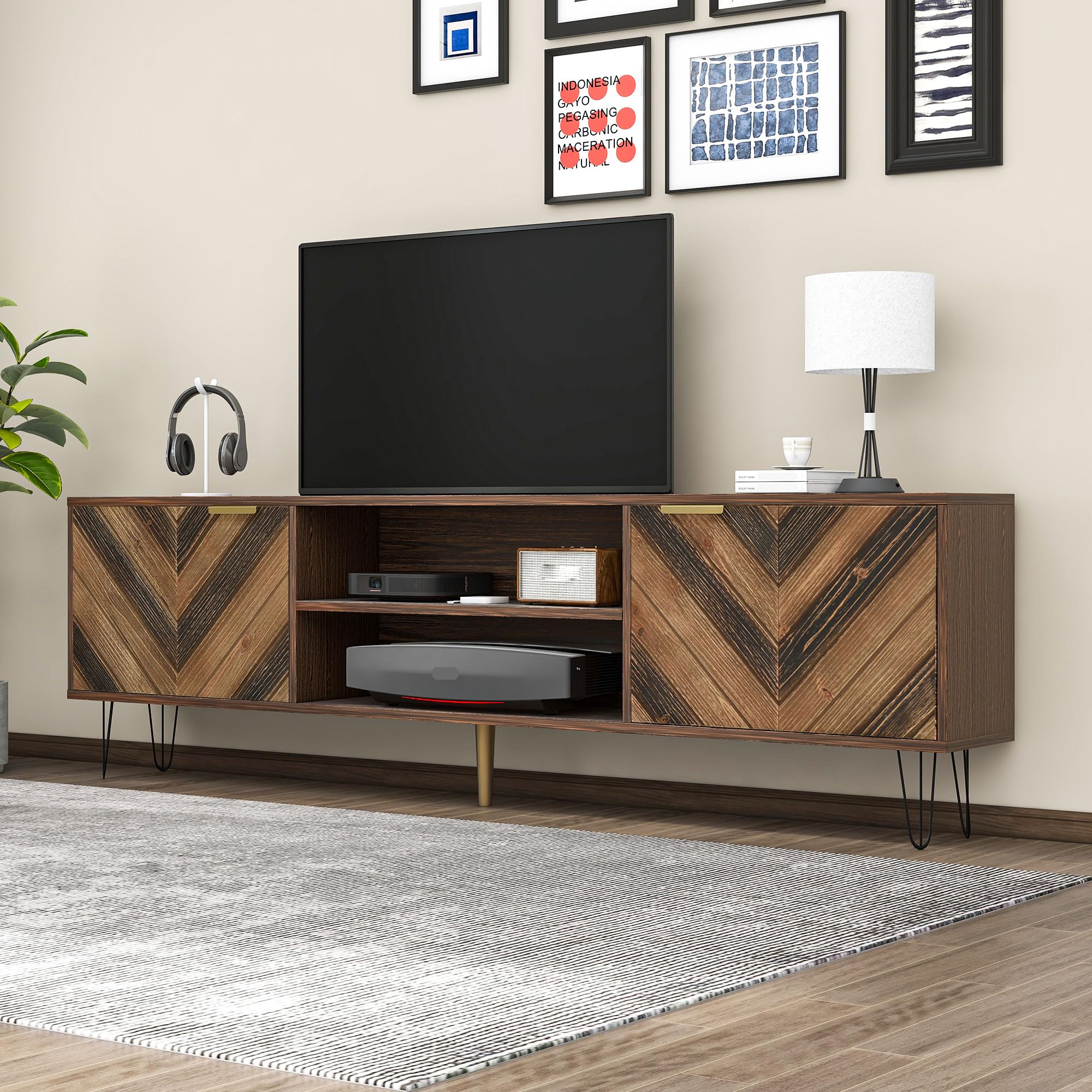 Niska szafka pod telewizor 155 x 38 x 48 cm, imitacja drewna, fornir z litego drewna z 2 drzwiami, złote uchwyty, żelazne nóżki, szafka pod telewizor do 65 cali, szafka pod telewizor, kredens, szafka