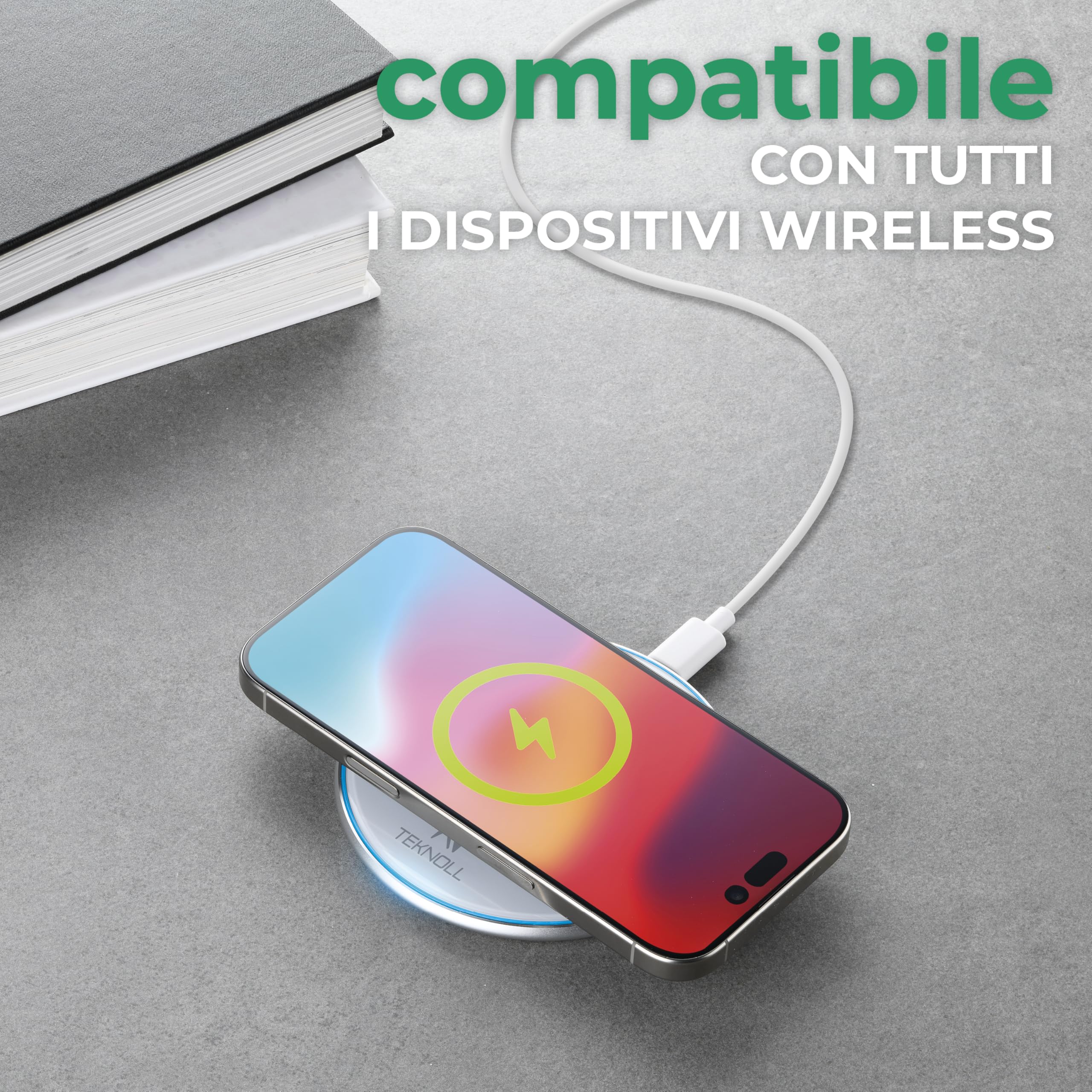Caricatore Wireless 15W, Pad di Ricarica Rapida con LED Circolare Indicatore, Cavo USB-C 160cm Incluso, Compatibile con Smartphone Wireless, Design Ultra Sottile e Sicuro