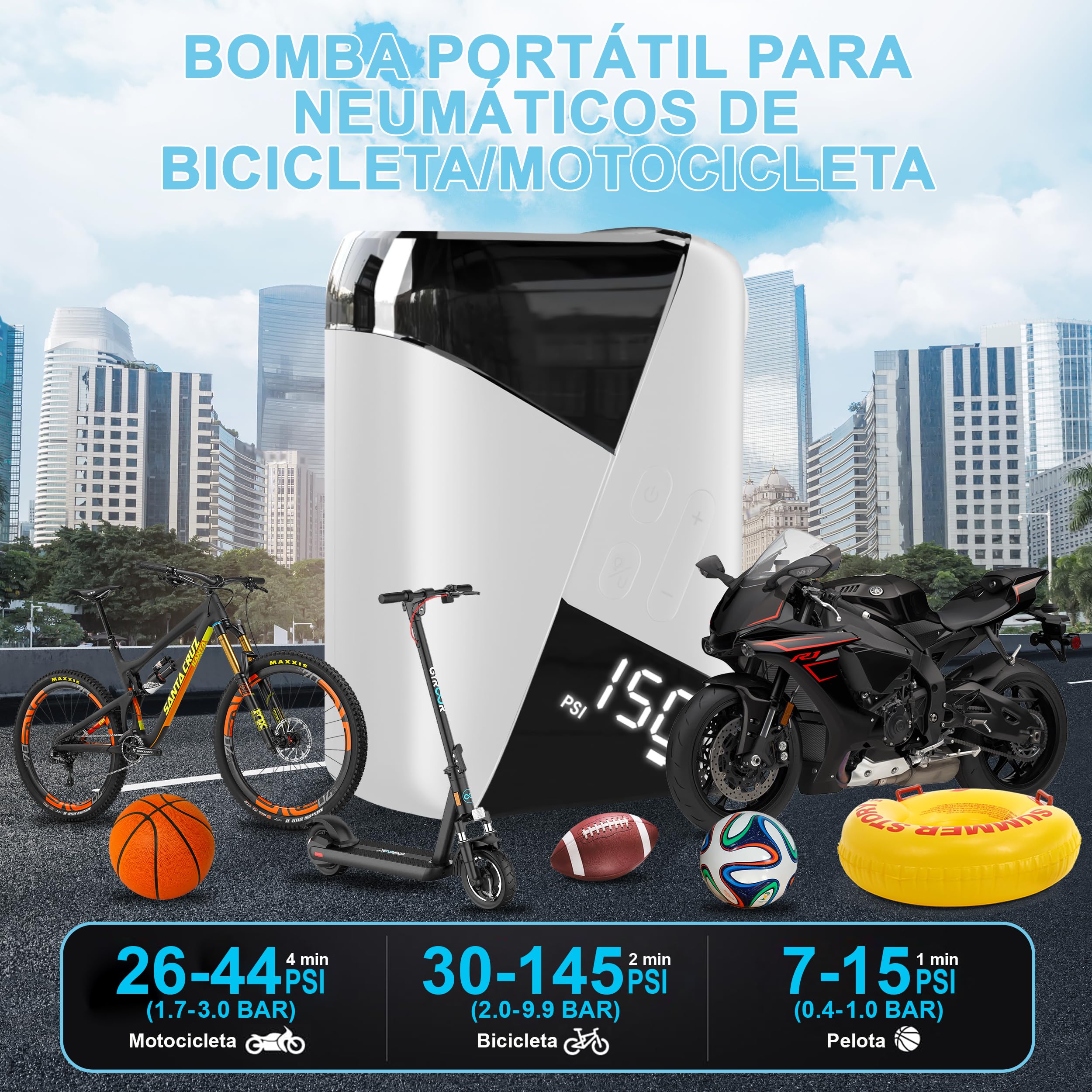 Bomba Bicicleta Mini Inflador Bicicletas Electrico, 150 PSI, Hinchador Electrico Bicicleta Portatil, Bomba Electrica Bicicleta, Mini Bomba de Aire Bici Electrica, para Válvula Schrader y Presta