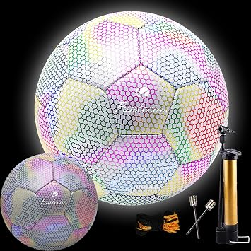Reflective FootBall Size 5 for Youth and Adult, Indoor Outdoor Light Up Training Soccer Ball with Pump