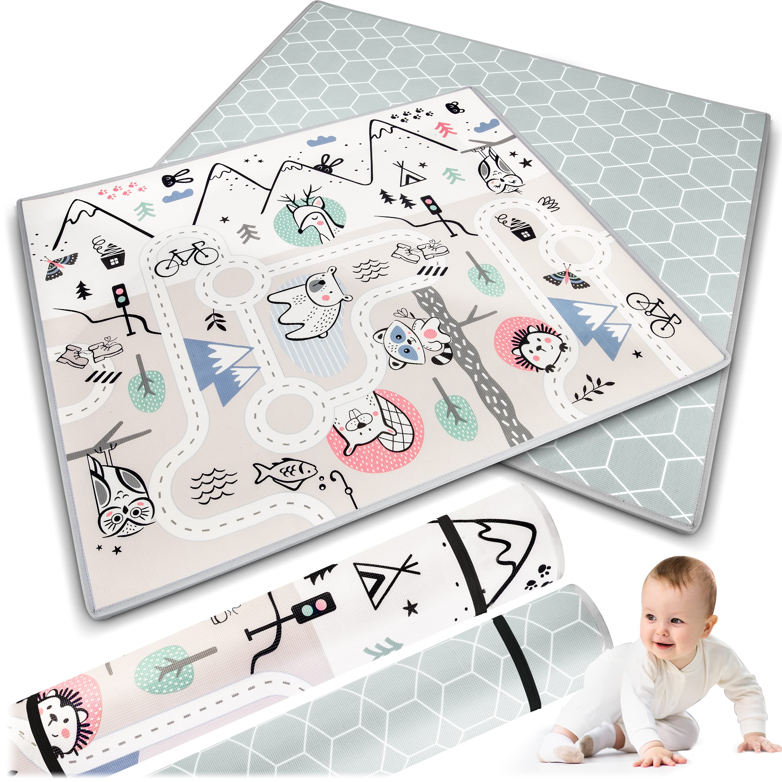 NUKIDO Mata Piankowa dla Dzieci Niemowląt Dwustronna Uroczy Kolorowy Design do Zabawy Raczkowania Idealna na Prezent Rolowana Grubość 1,5 cm Wielkość 180x150 cm Szara