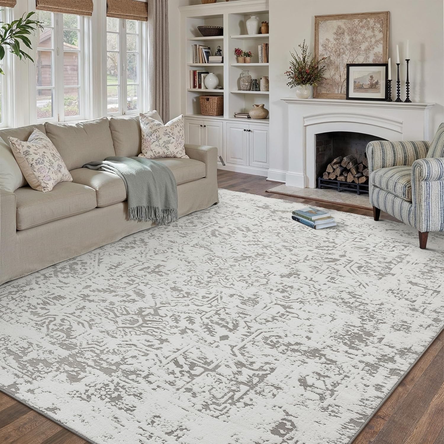 5x7 Fluffy Area Rug Grey Shag Neutral Throw Carpet for Living Room Soft Medium Pile Floral Throw Rug for Bedroom Dorm Office Dining Room Kitchen Modern Decor