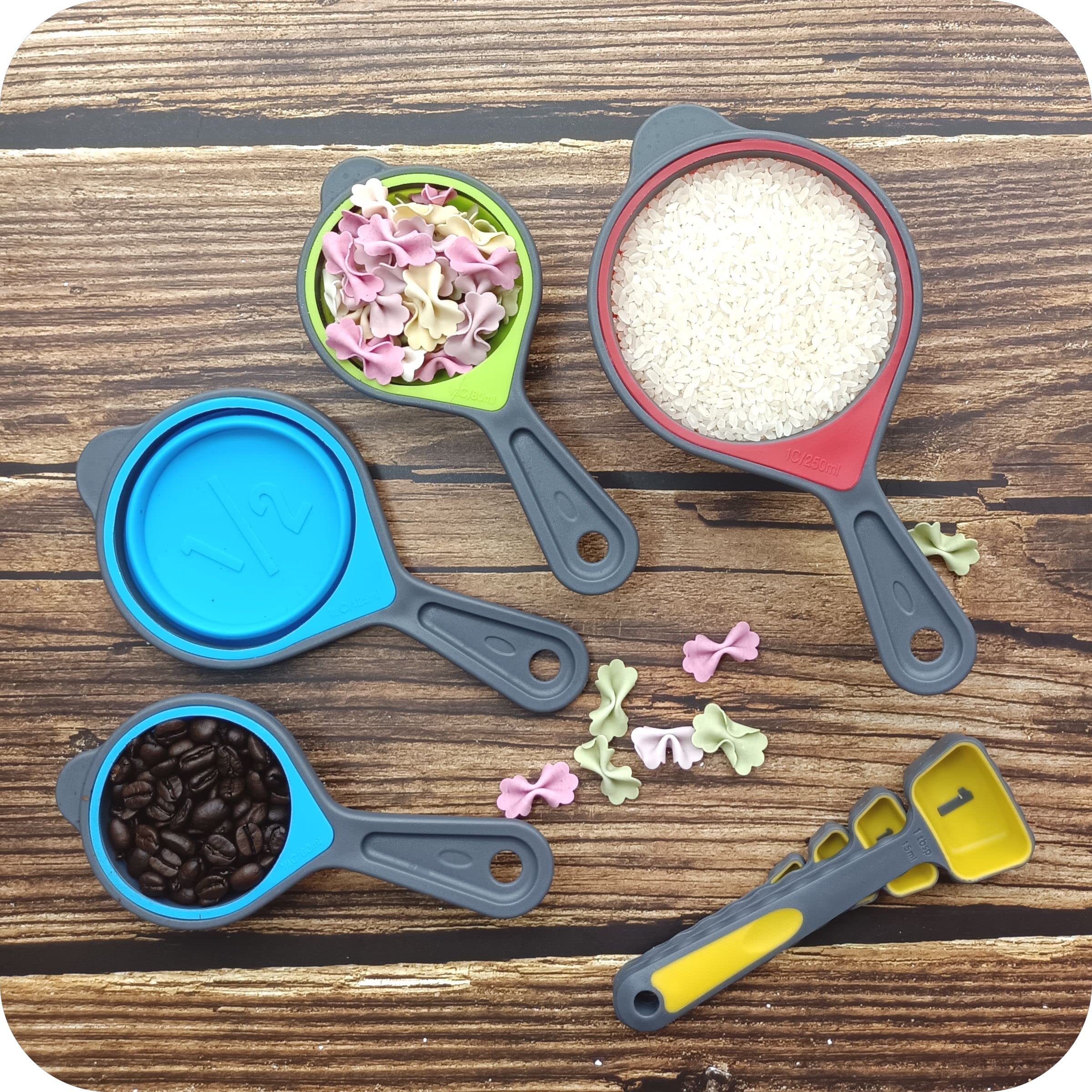 Juego de tazas y cucharas medidoras plegables, 16 tazas y cucharas medidoras portátiles de silicona para medición líquida y seca, juego de herramientas de medición de silicona de grado