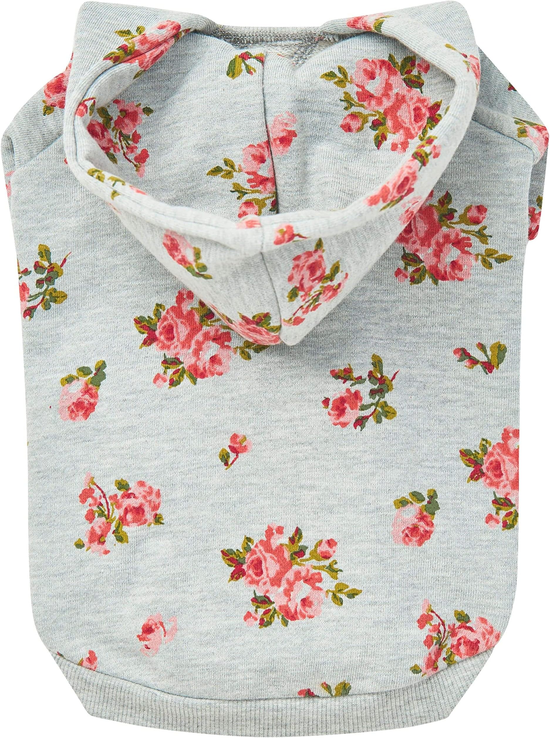Blueberry Pet Floral Dog Hoodie, Rose Print Pullover Sweatshirt for Small Dogs, 12" Back Length, Lightweight Spring Outfit in Stylish Grey