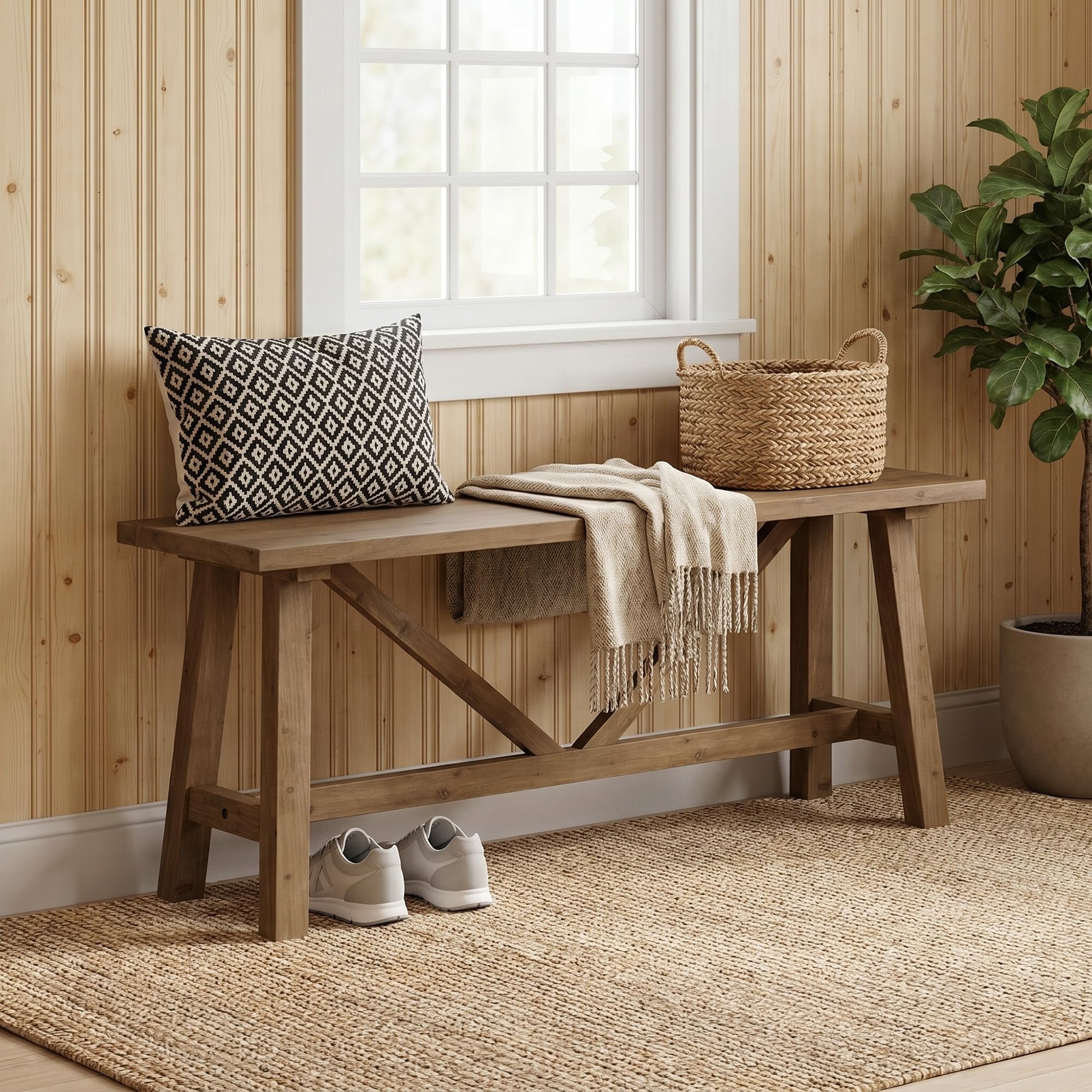 Wnutrees 43" Farmhouse Solid Wood Bench, Narrow Long Seat, Natural | Entryway Seat for End of Bed, Living Room, Dining Area, Hallway