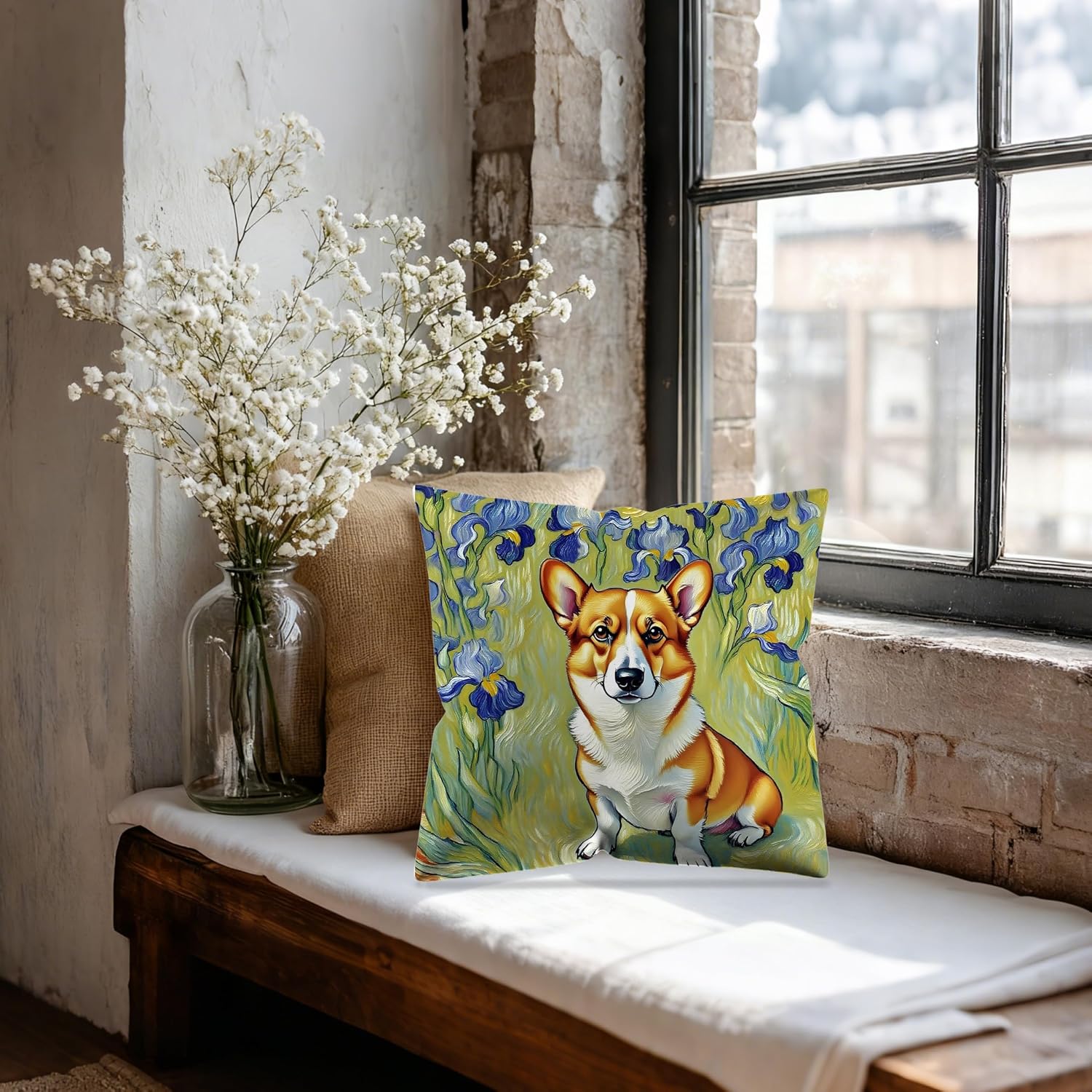 Van Gogh Style Corgi Pillow Covers 18x18 Double-Sided, Gifts for Corgi Lovers, Dog Lover Mom Gifts, Whimsical Floral Dog Decorative Throw Pillow Covers for Home Bedroom Living Room image 4