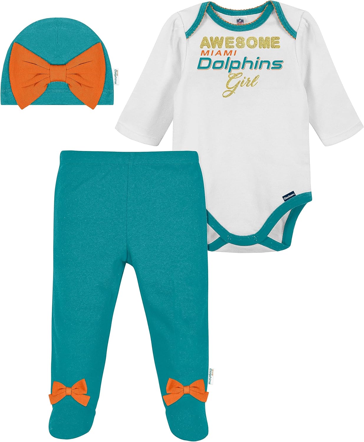 Gerber NFL baby girls 3 Pack Bodysuit Registry Gift Set Footed Pant and Cap