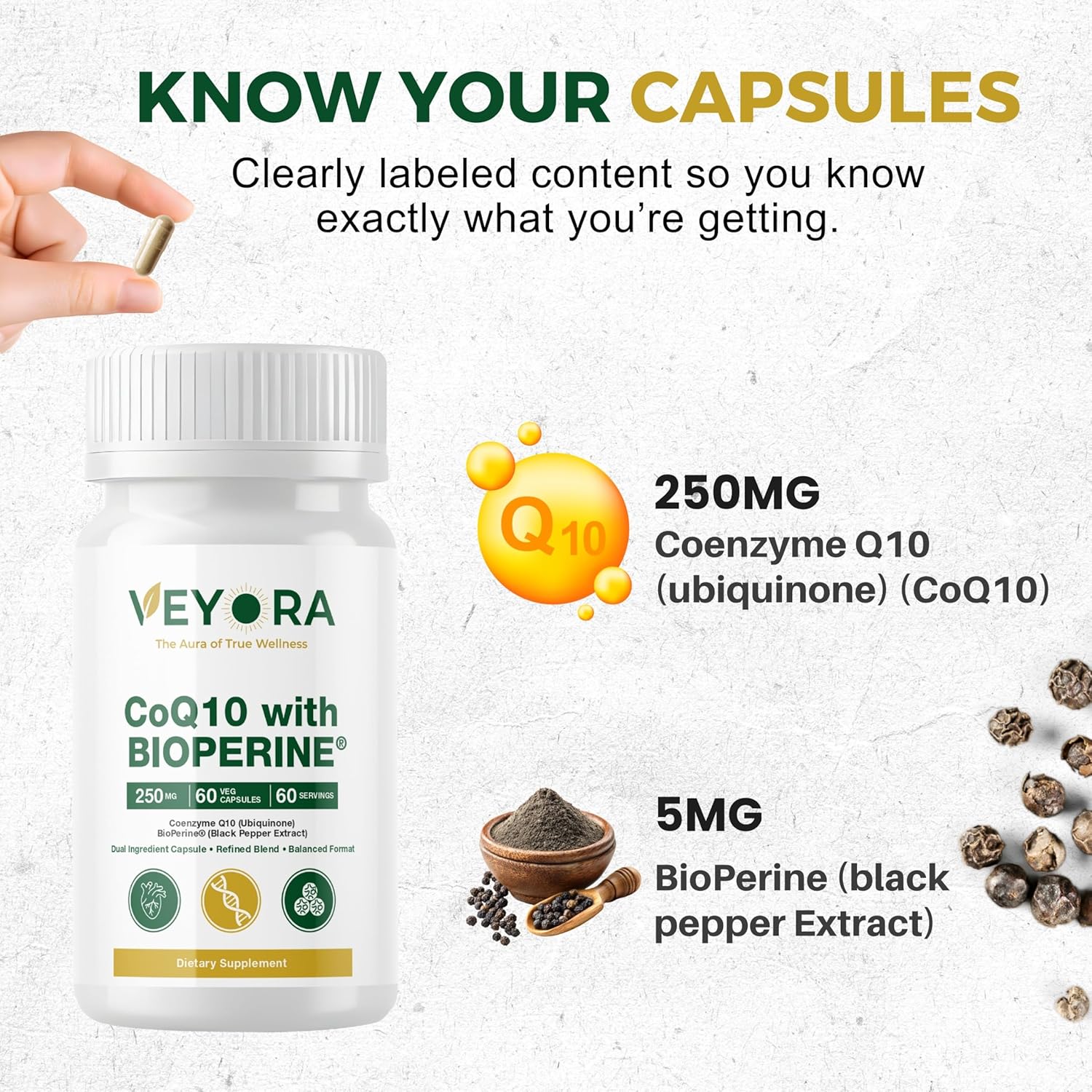 CoQ10 with BioPerine® 250 mg | 60 Vegan Capsules | Coenzyme Q10 + Black Pepper Extract