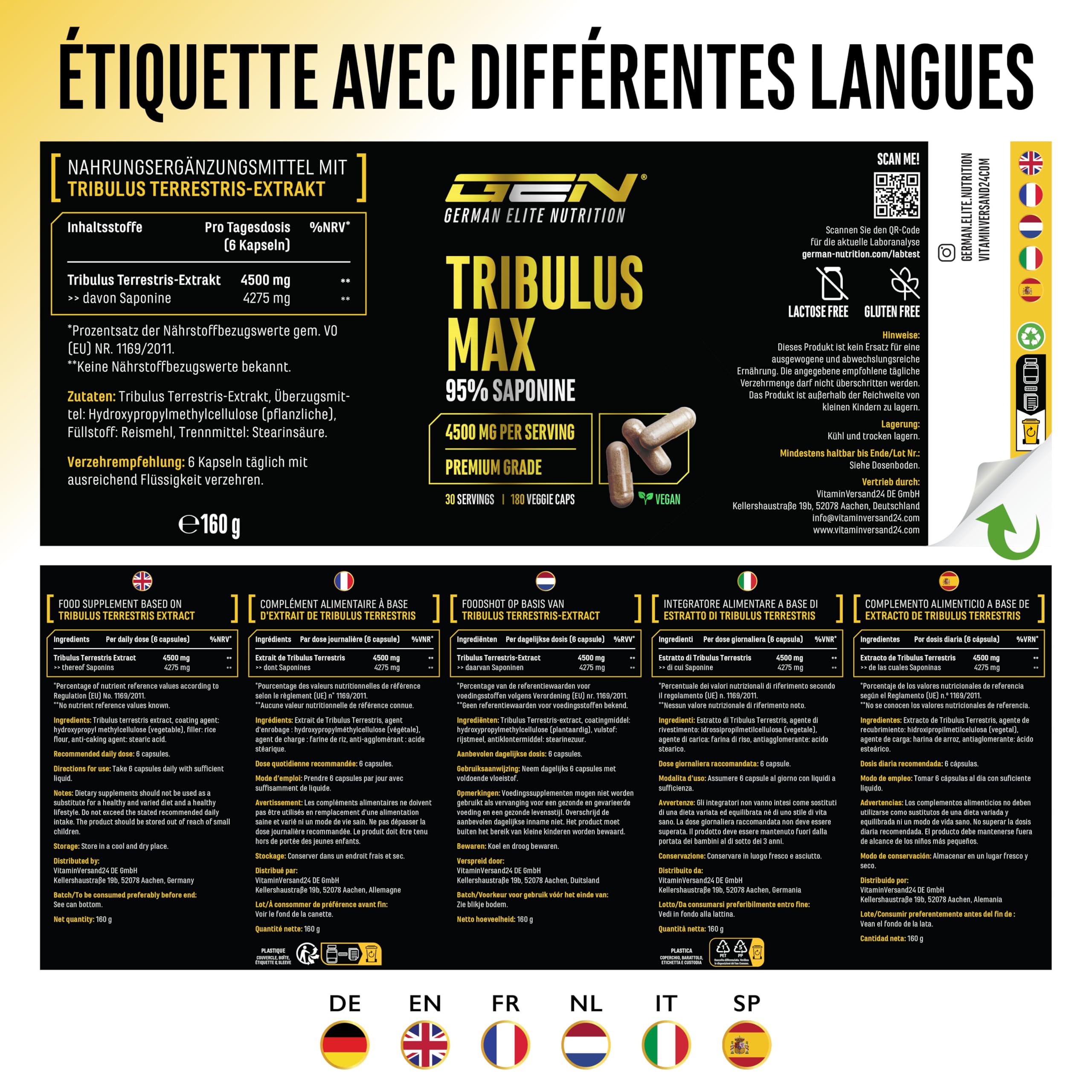 Tribulus Max - 180 capsules - Hautement Dosé avec 4500 mg par Dose Journalière - Premium : 95% Saponines - Extrait pur de Tribulus Terrestris 10:1 - sans Additifs Inutiles, Végan