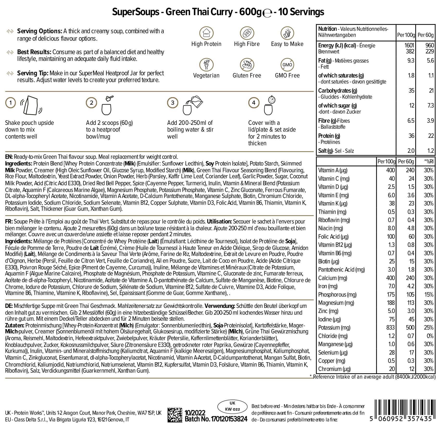 Protein Works - Super soupes, curry vert thaïlandais, soupe instantanée, moins de 230 calories, repas nutritif en moins de 5 minutes, riche en protéines, 600 g